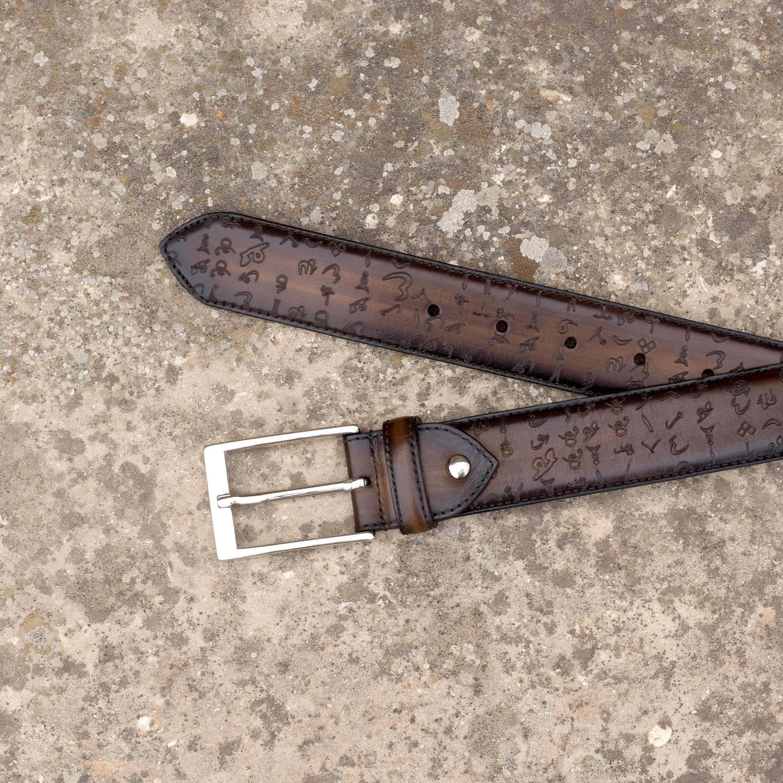 Brown leather Arabic matrix patina Hamptons belt with silver buckle