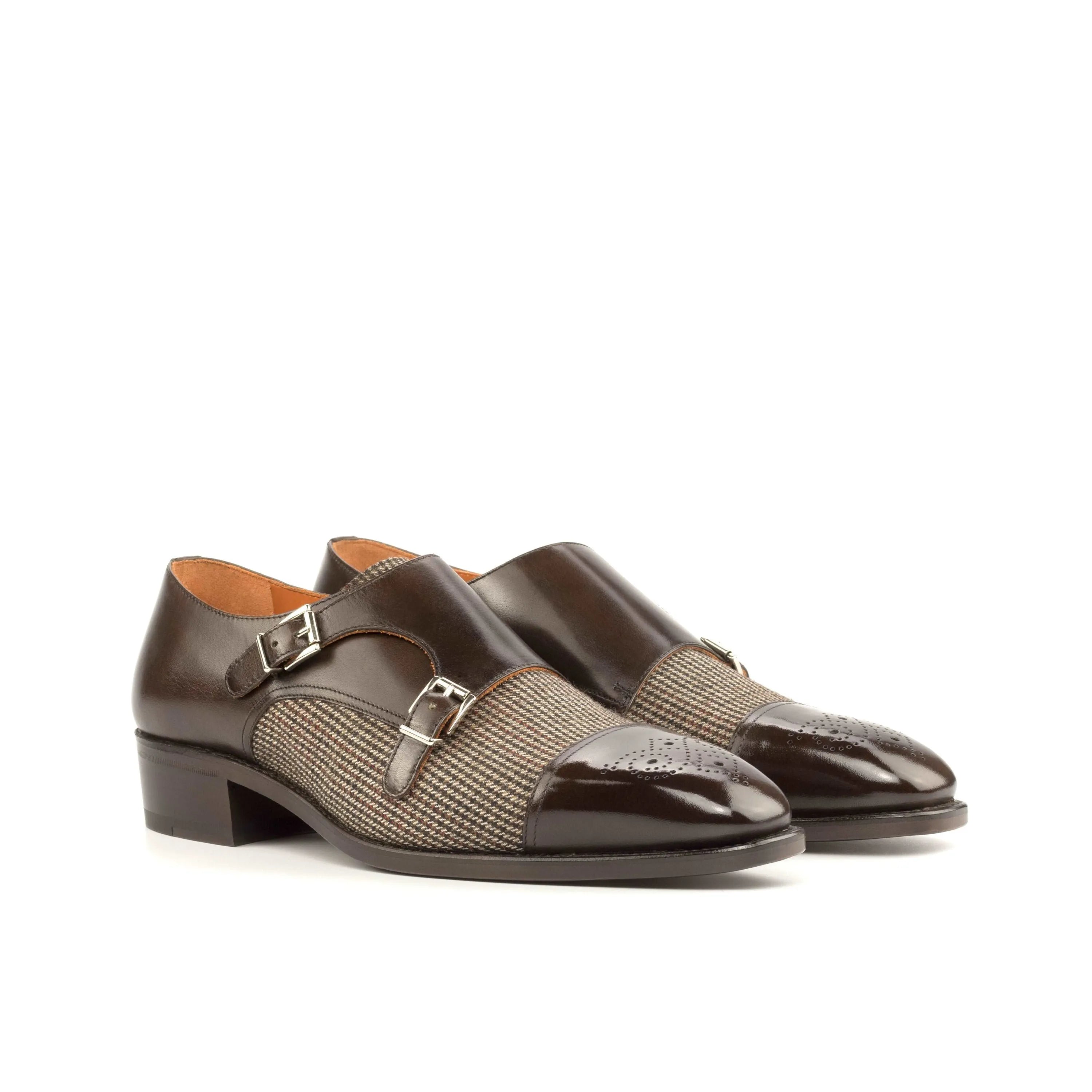 Aristo Double Monk brown leather tweed double monk strap shoes