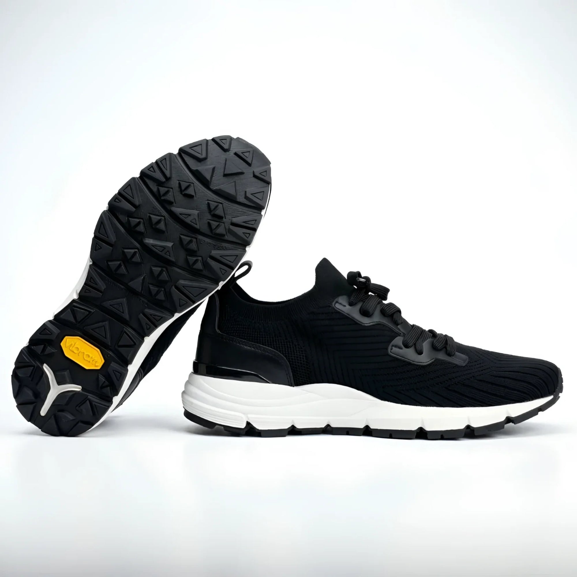 Black Armadillo Knit Trainer Sneaker II with white midsole and yellow vibram outsole