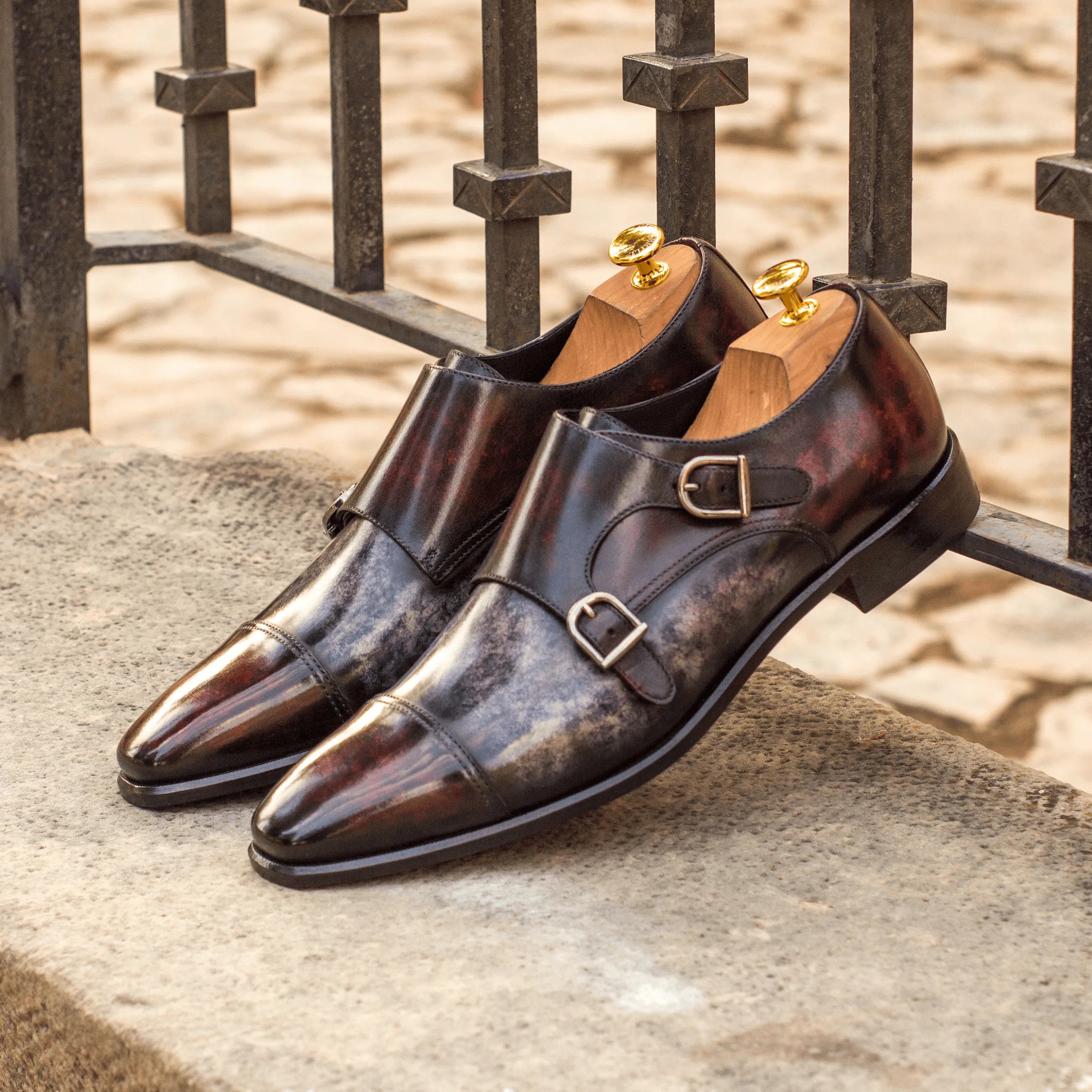 ATL Double Monk Patina leather double monk strap shoes with crust patina