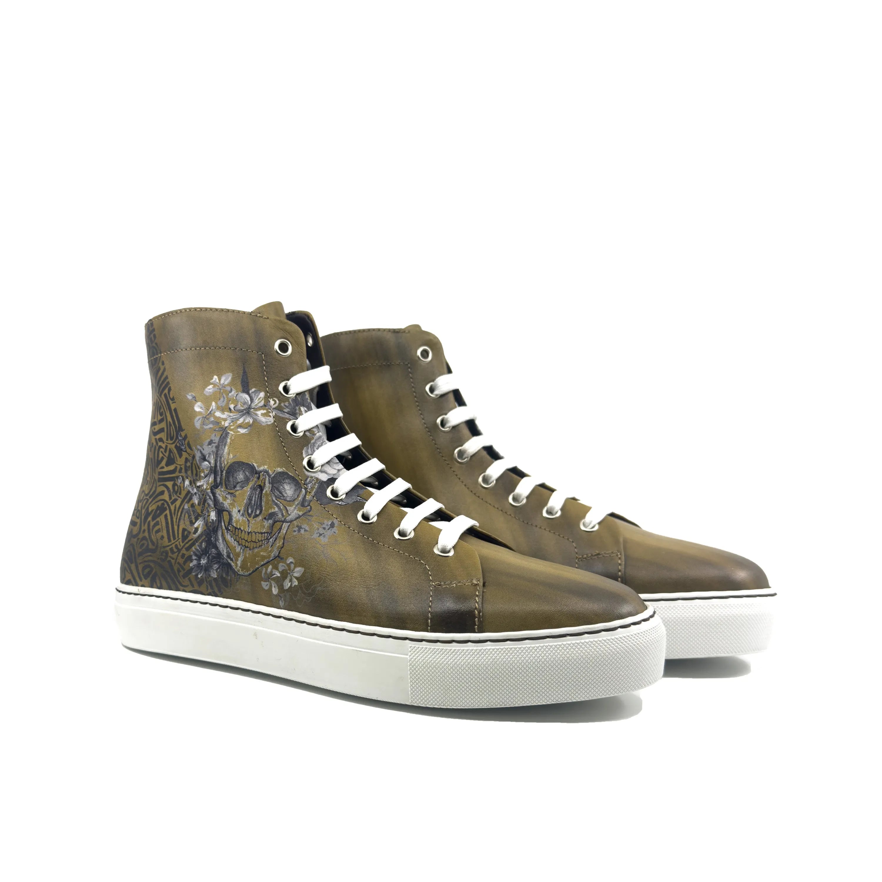 Olive-green Awake Americana High Top Sneakers II with skull design
