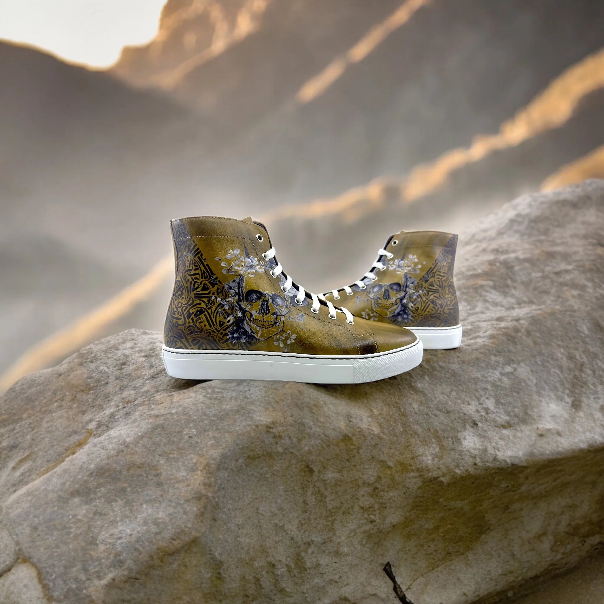 Olive-green Awake Americana High Top Sneakers II with skull floral design
