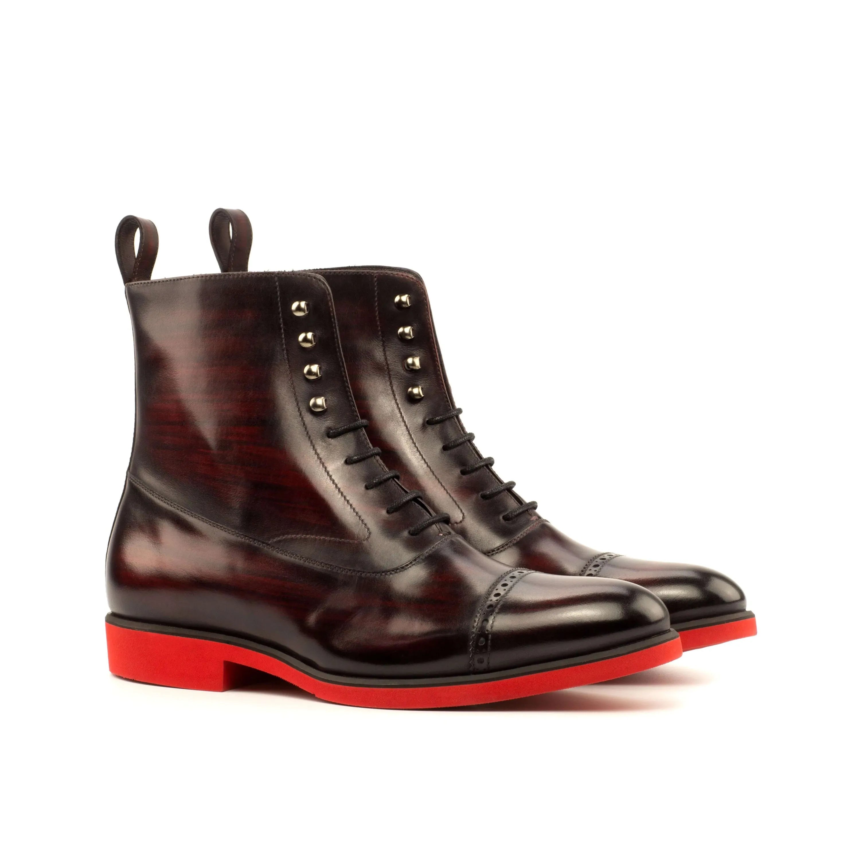 B61 Balmoral Patina boots in burgundy leather with red soles