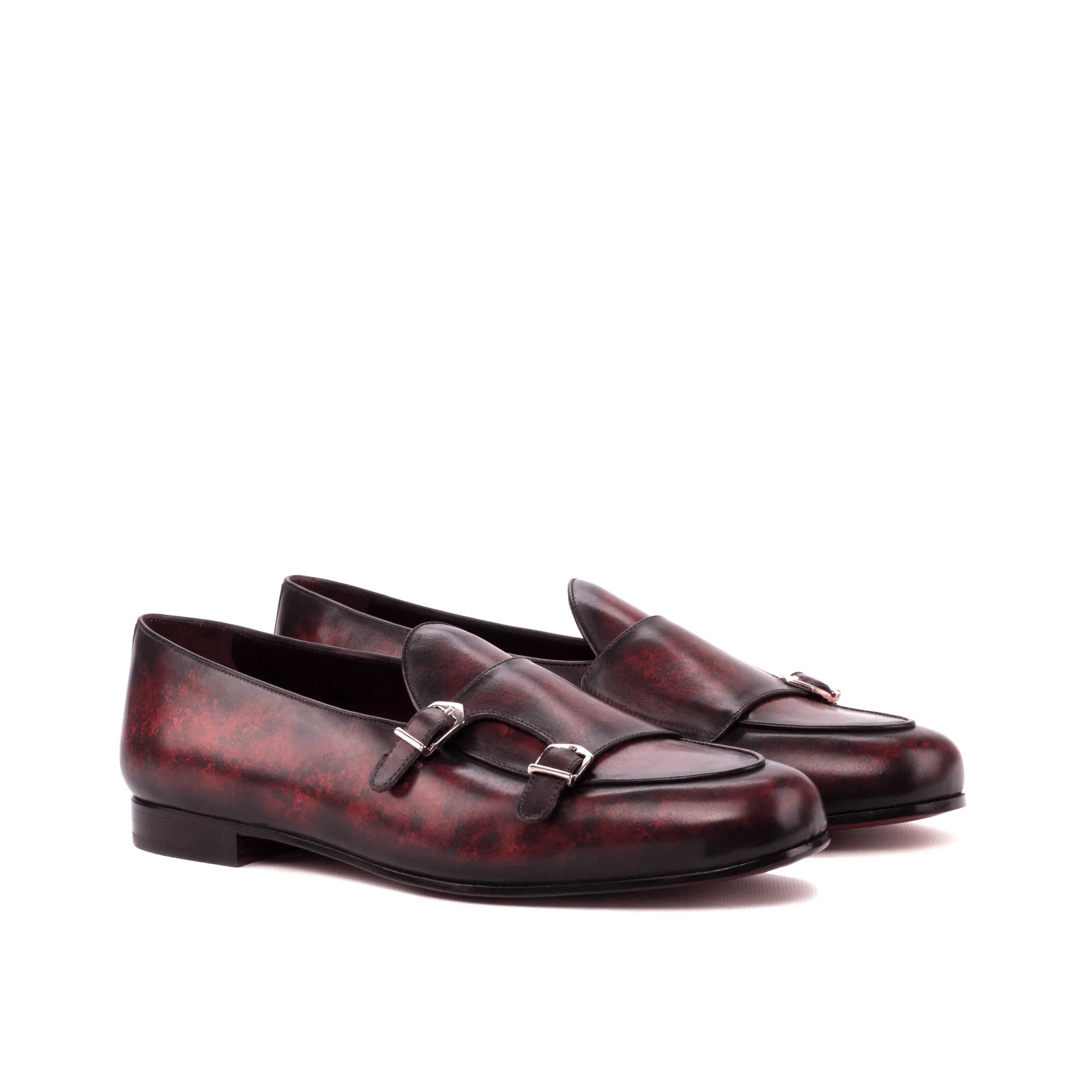 Baha Belgian patina monk slipper with burgundy leather double monk straps