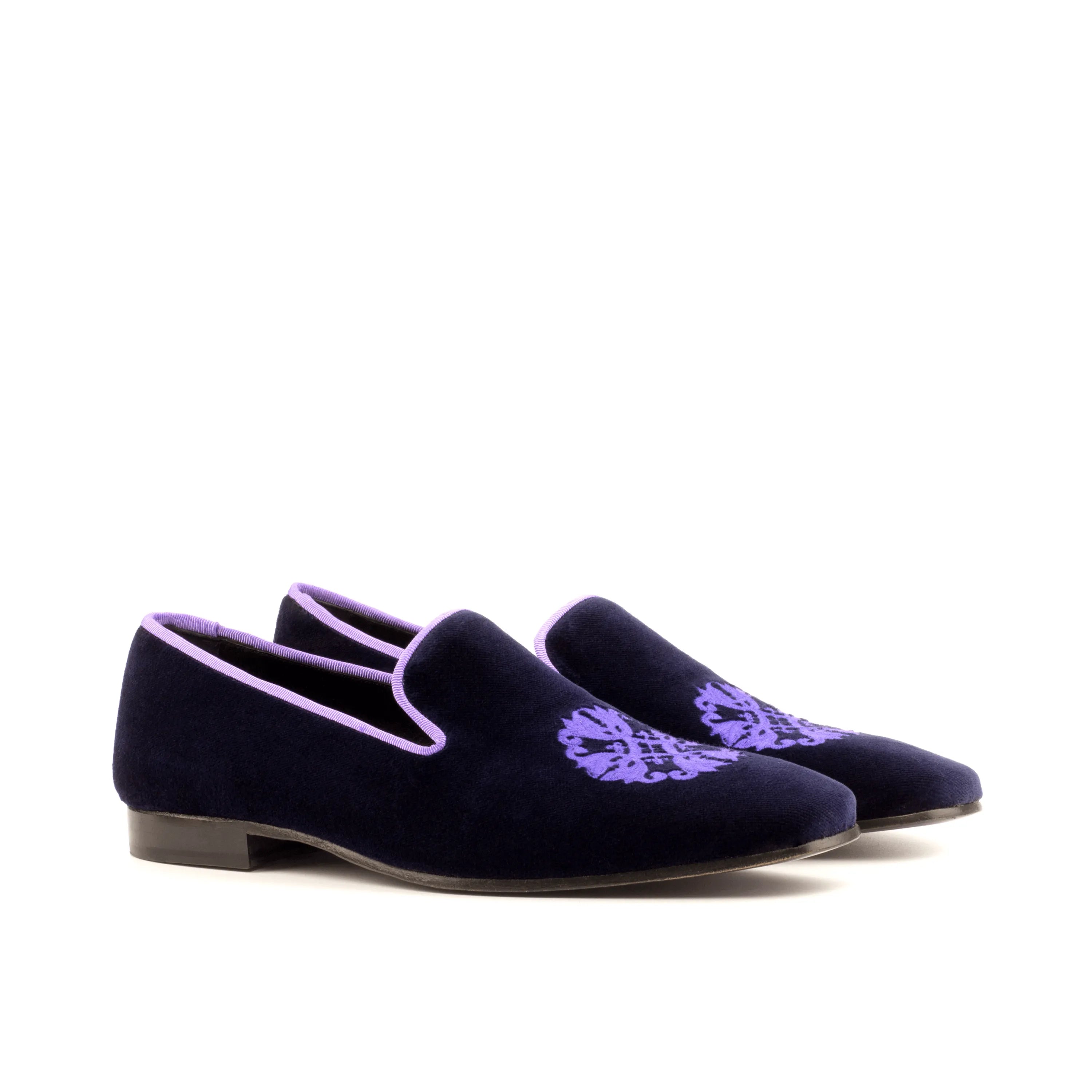 Bali Drake slipon navy velvet loafers with purple trim embroidery