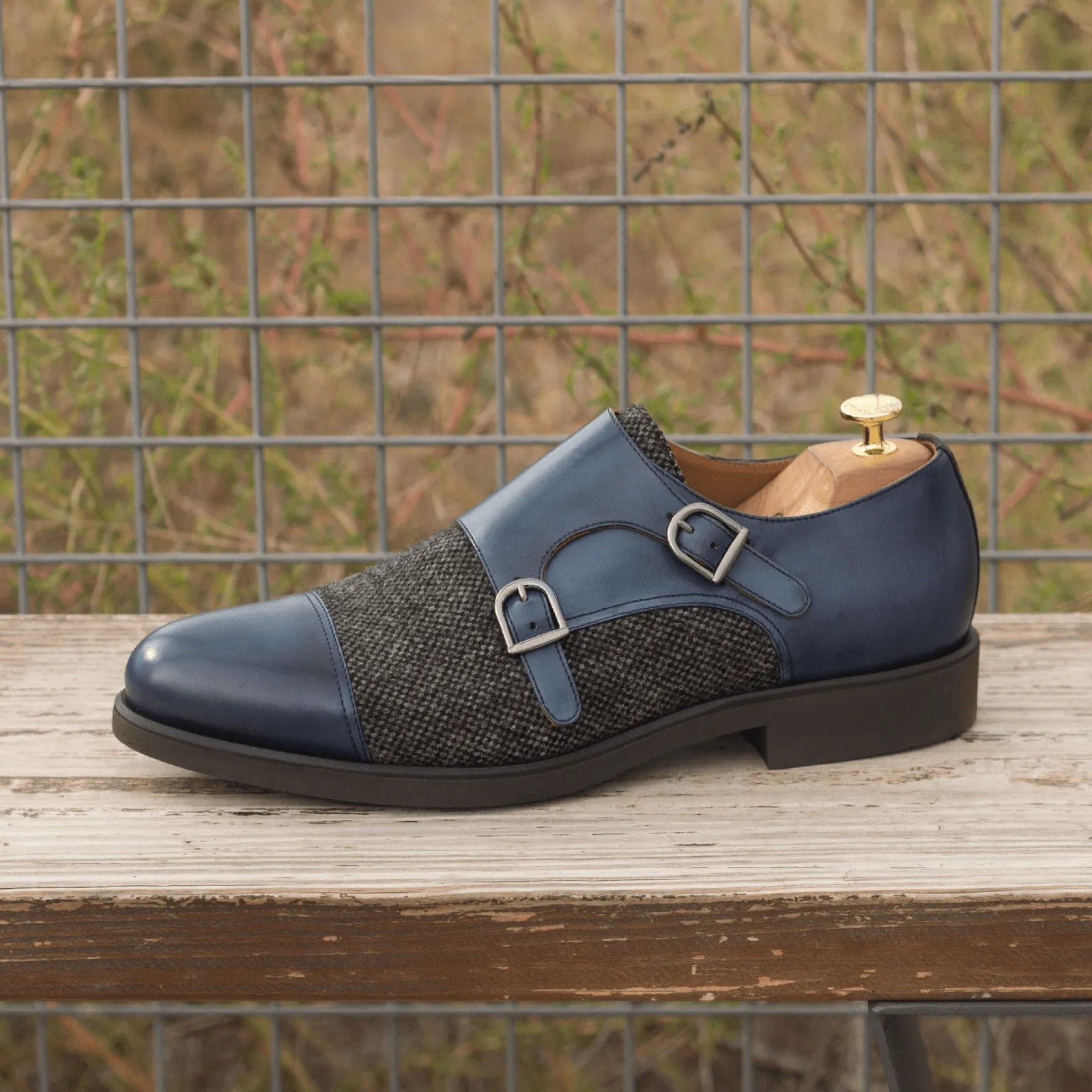 Balti Double Monk II blue leather and tweed double monk shoe