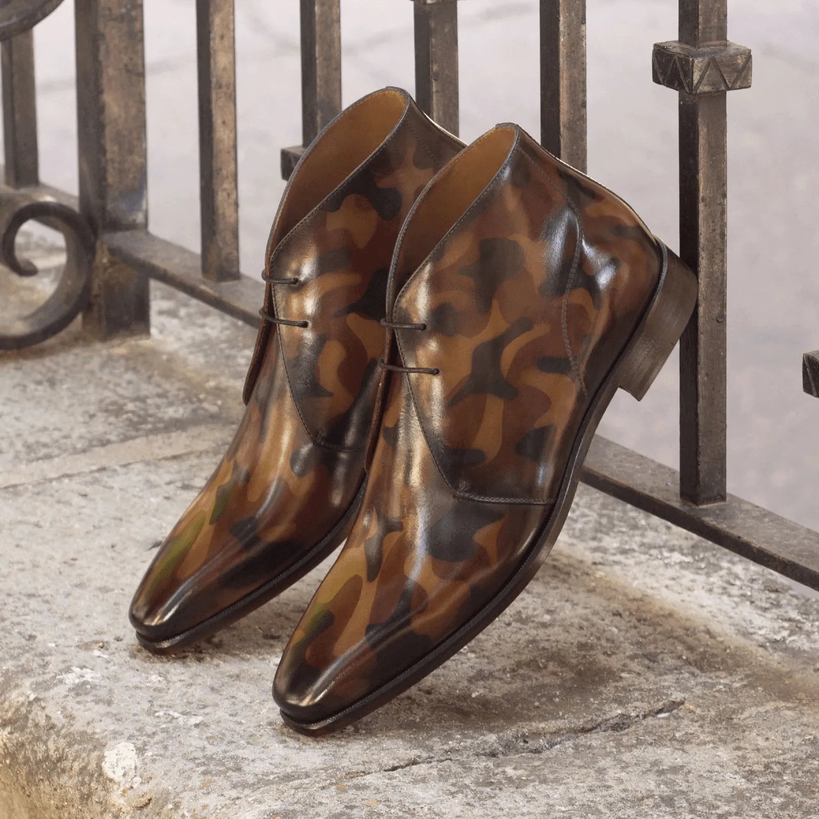 Battle Patina Chukkas II in camouflage-patterned leather