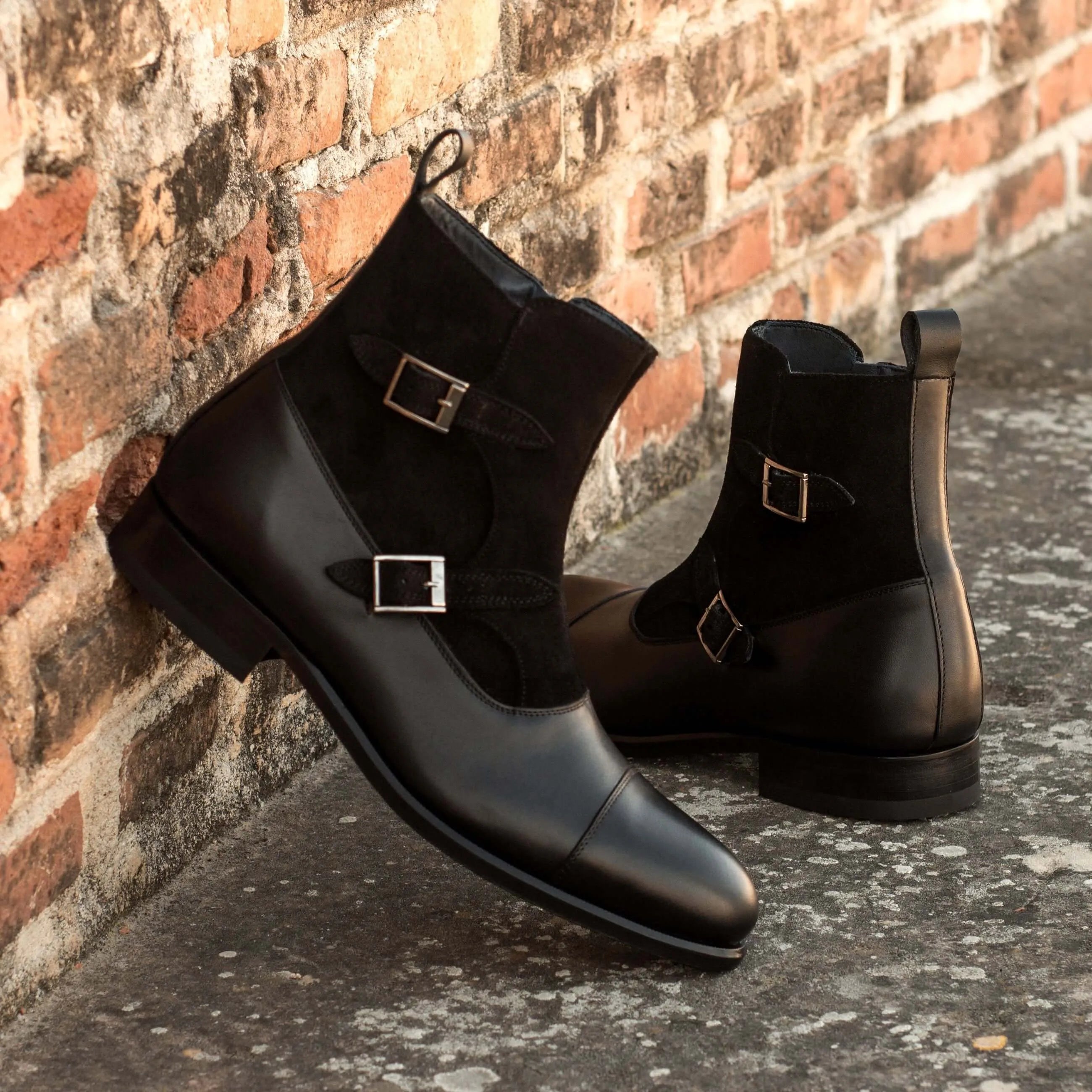 Benny Octavian boots: black leather and suede monk strap back view