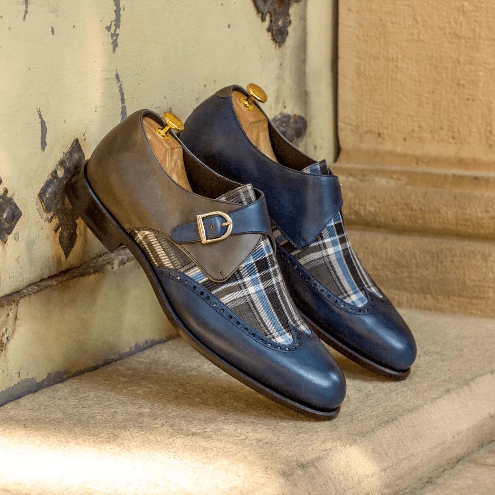 Benz Single Monk II two-toned plaid painted calf rounded toe monk strap shoes