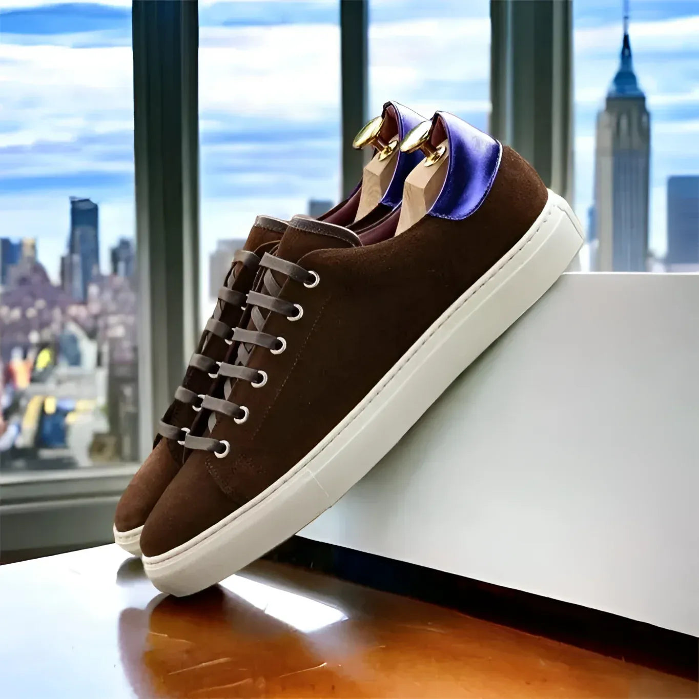 Back view of Beyond Trainer Sneaker II in brown suede with blue heel cupsole trainer