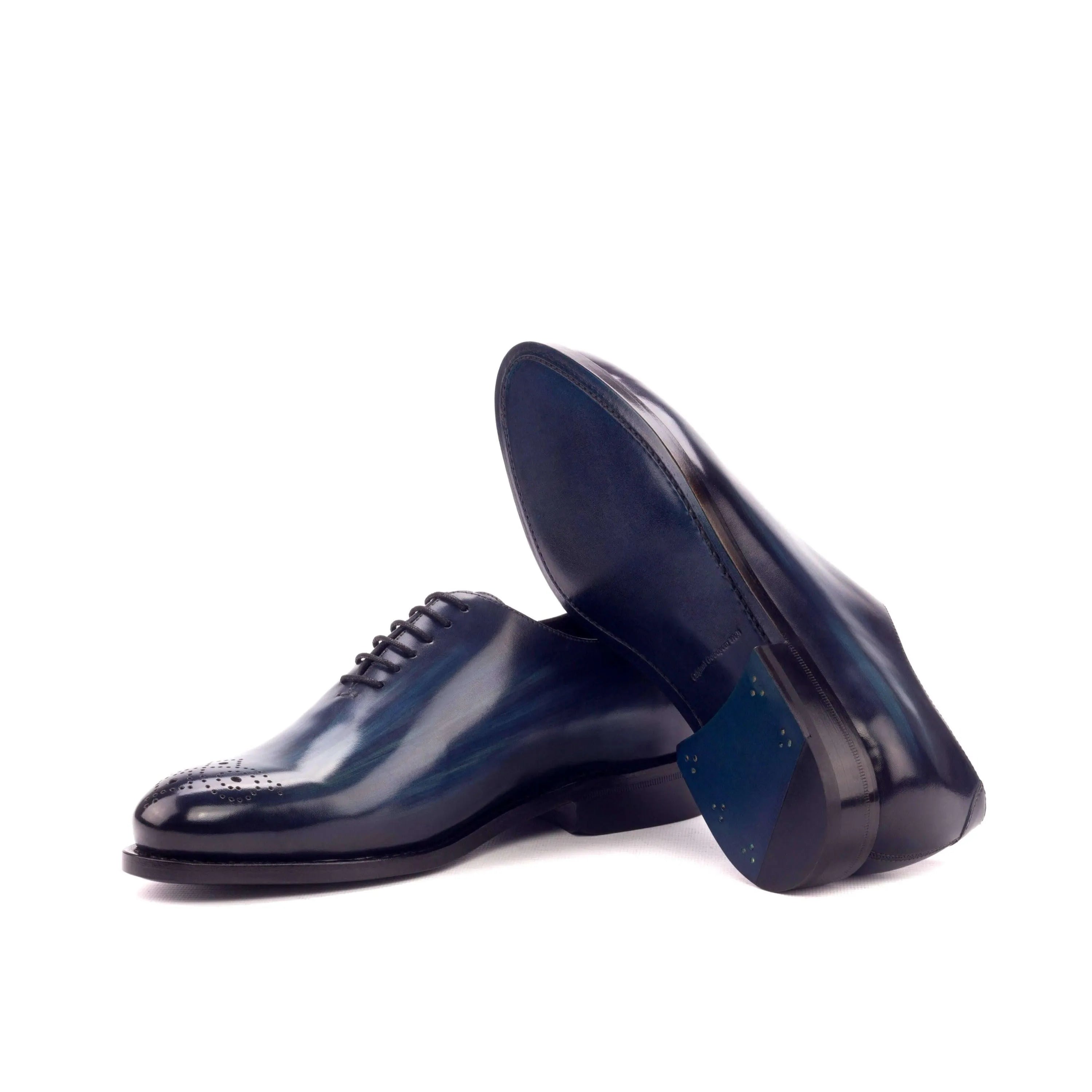 Bluemoon wholecut patina shiny blue leather dress shoes pair