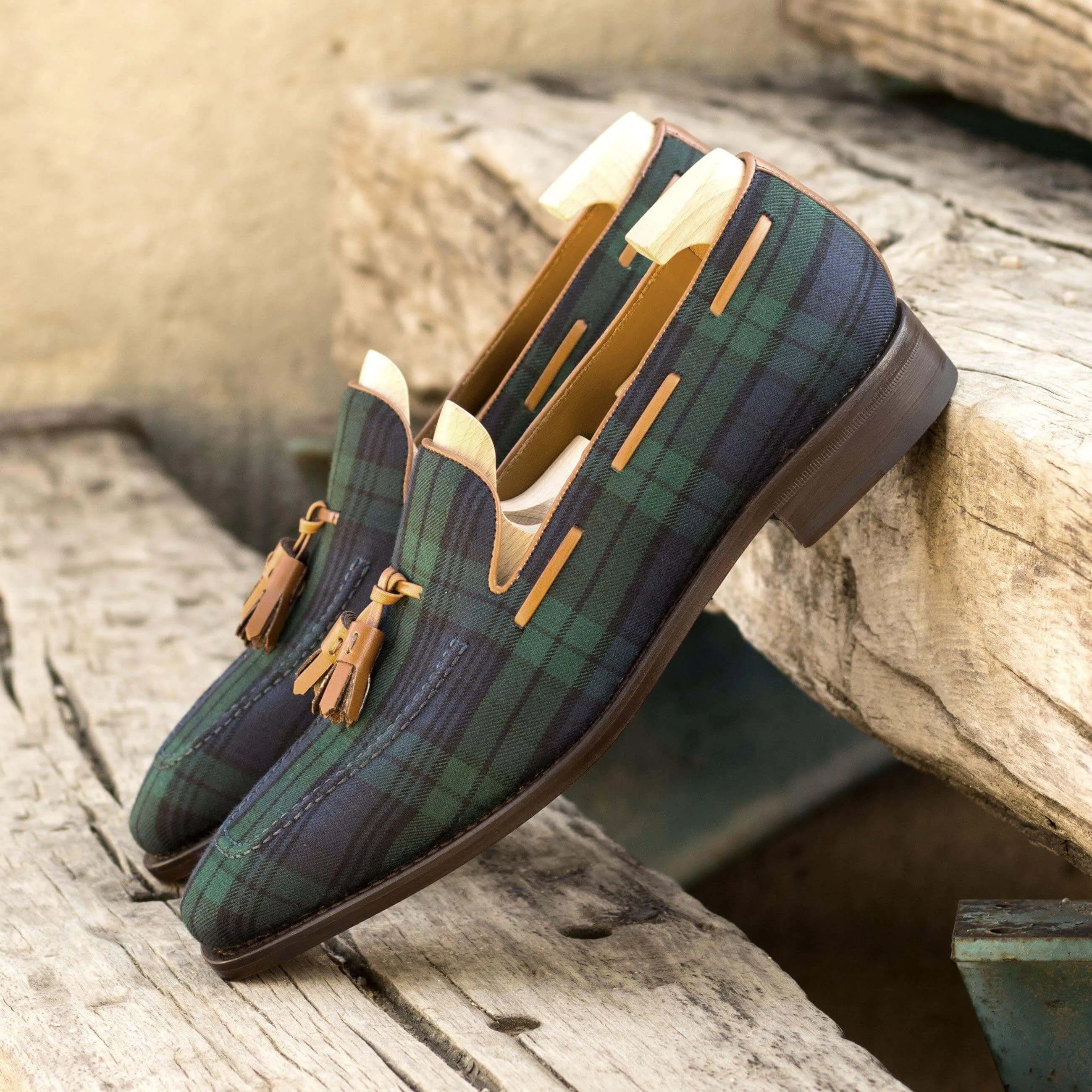 Boardwalk loafers with tartan plaid tassel in luxury bespoke patina