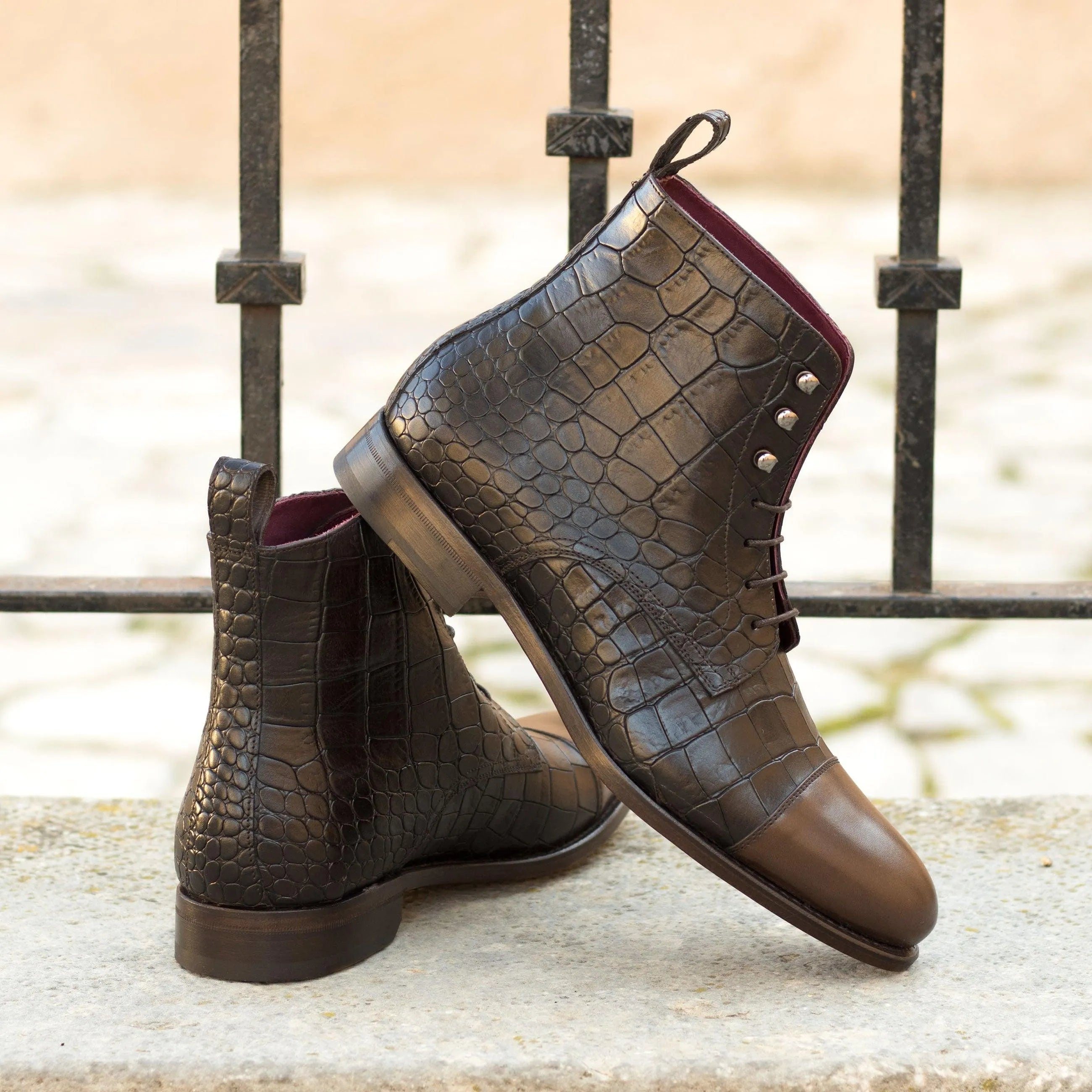 Bobies Jumper Boots II dark brown painted crocodile leather boots