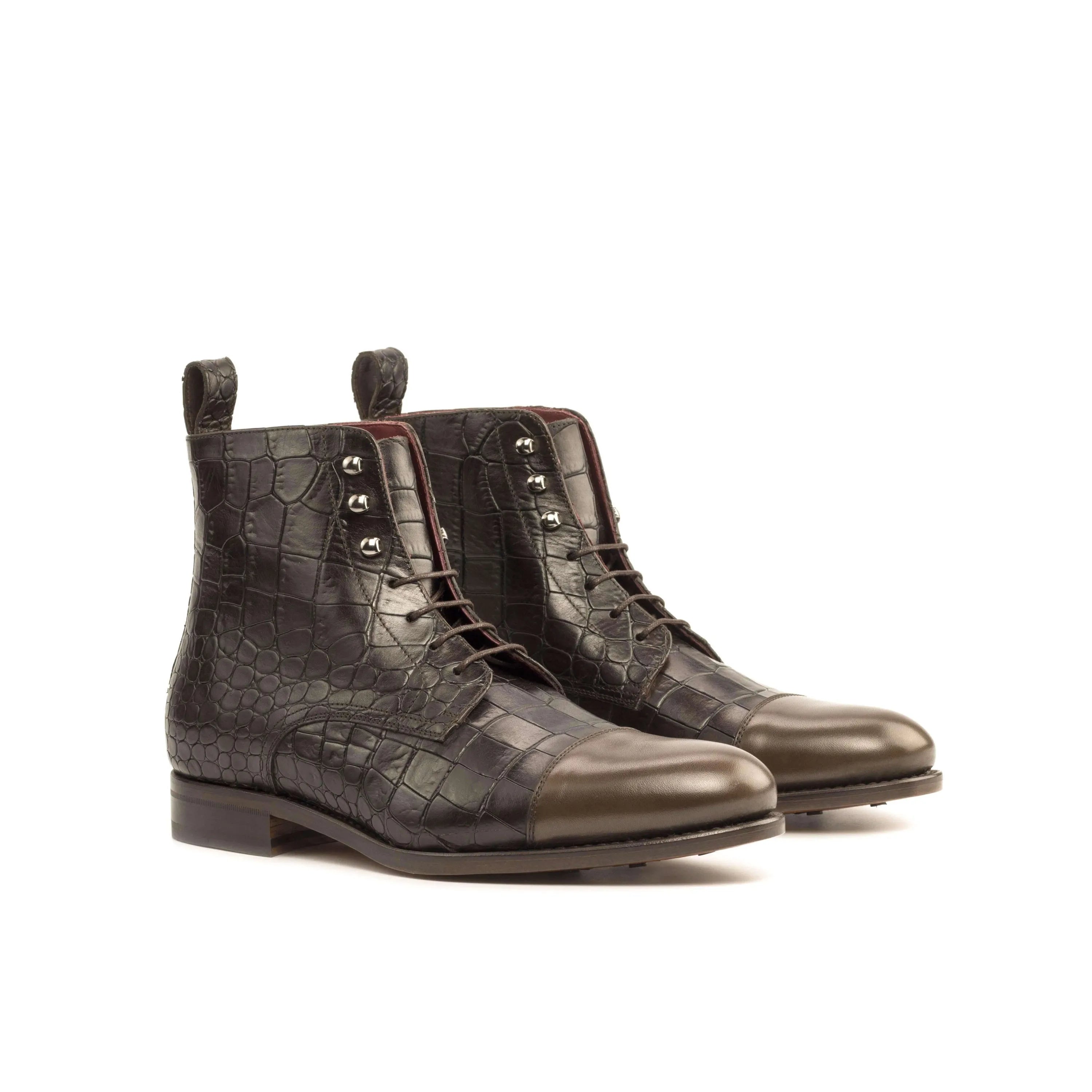Bobies Jumper Boots II pair of dark brown painted crocodile leather boots