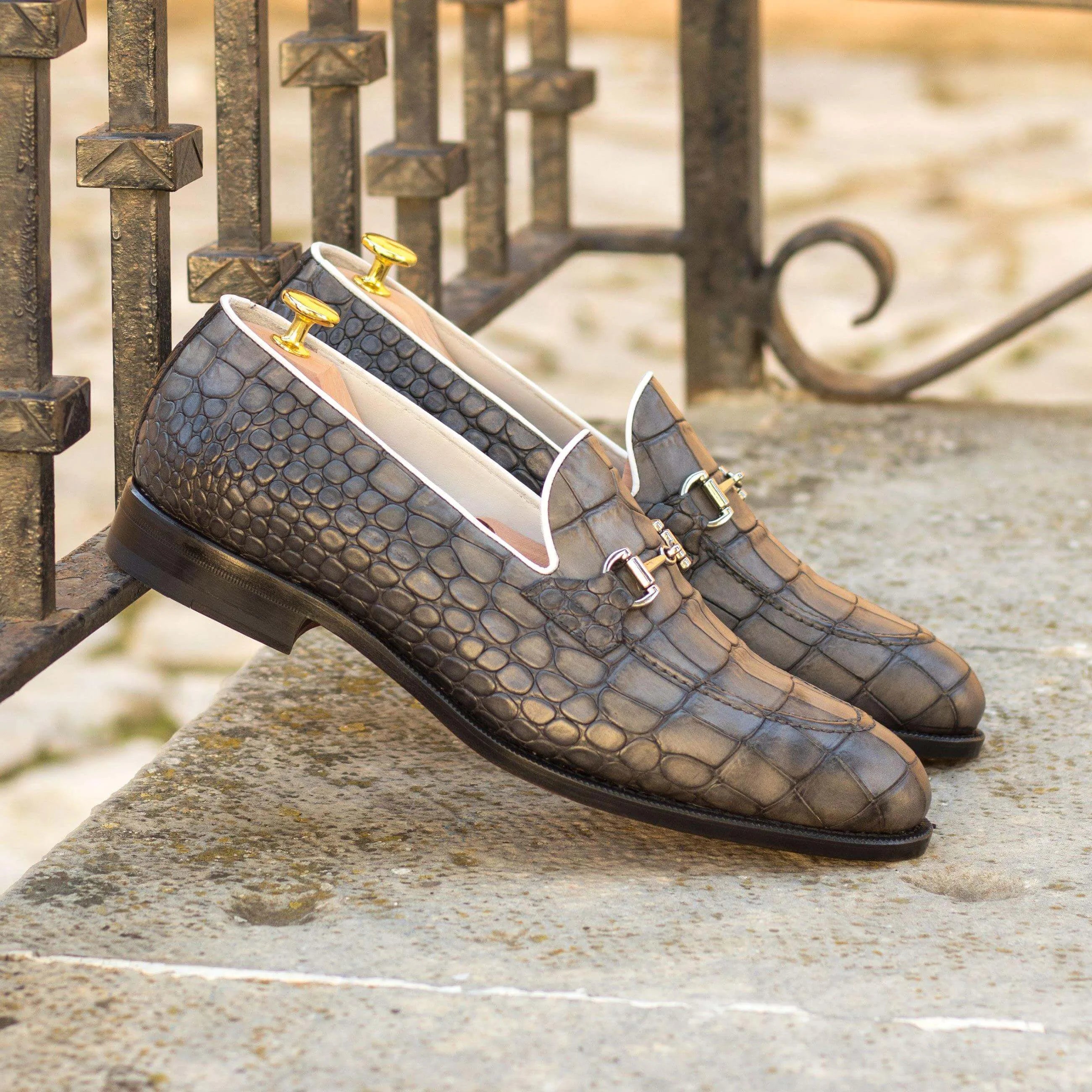 Boris loafers in gray painted croco luxury bespoke shoes for men