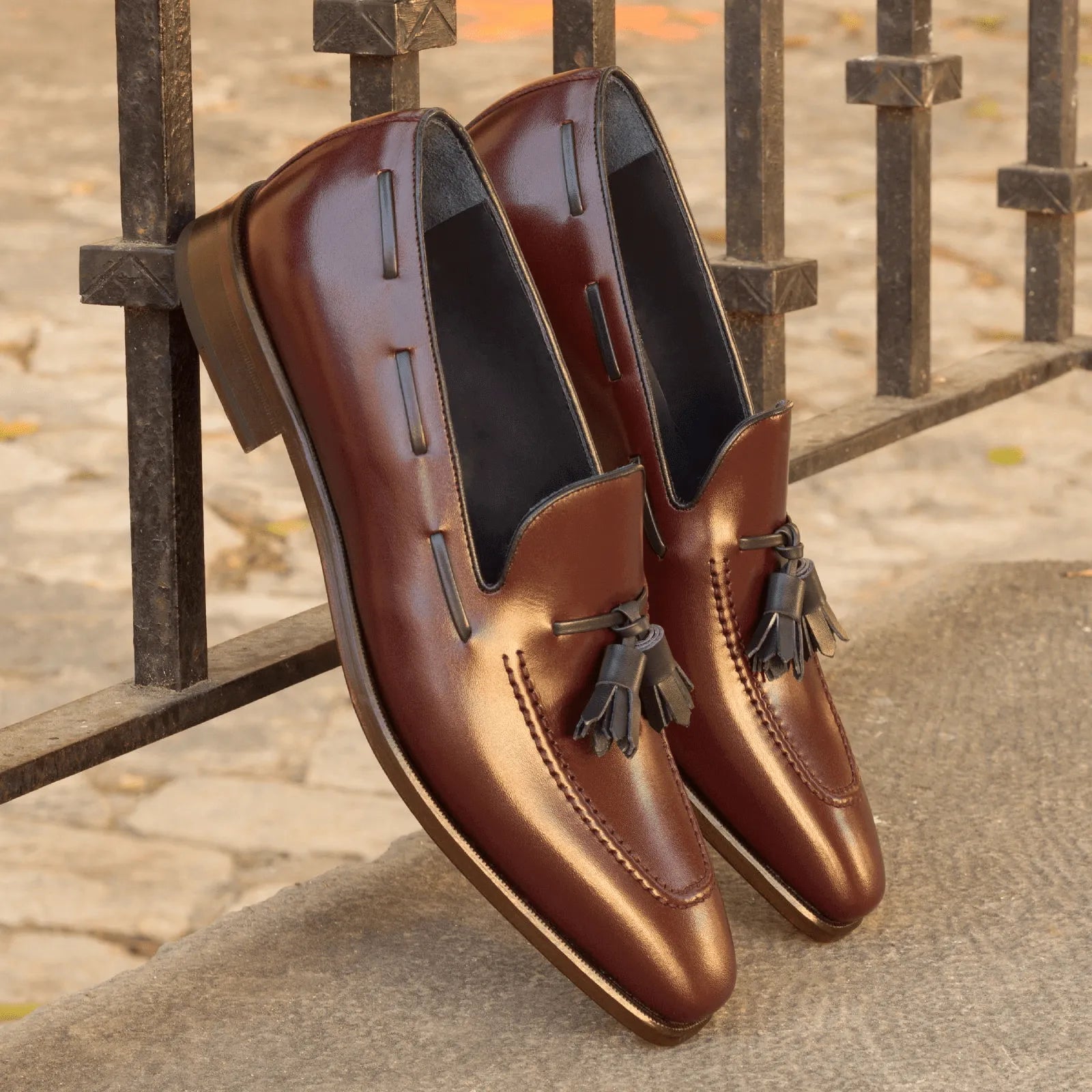Pair of brown box calf Broadway loafers, luxury bespoke shoes for men