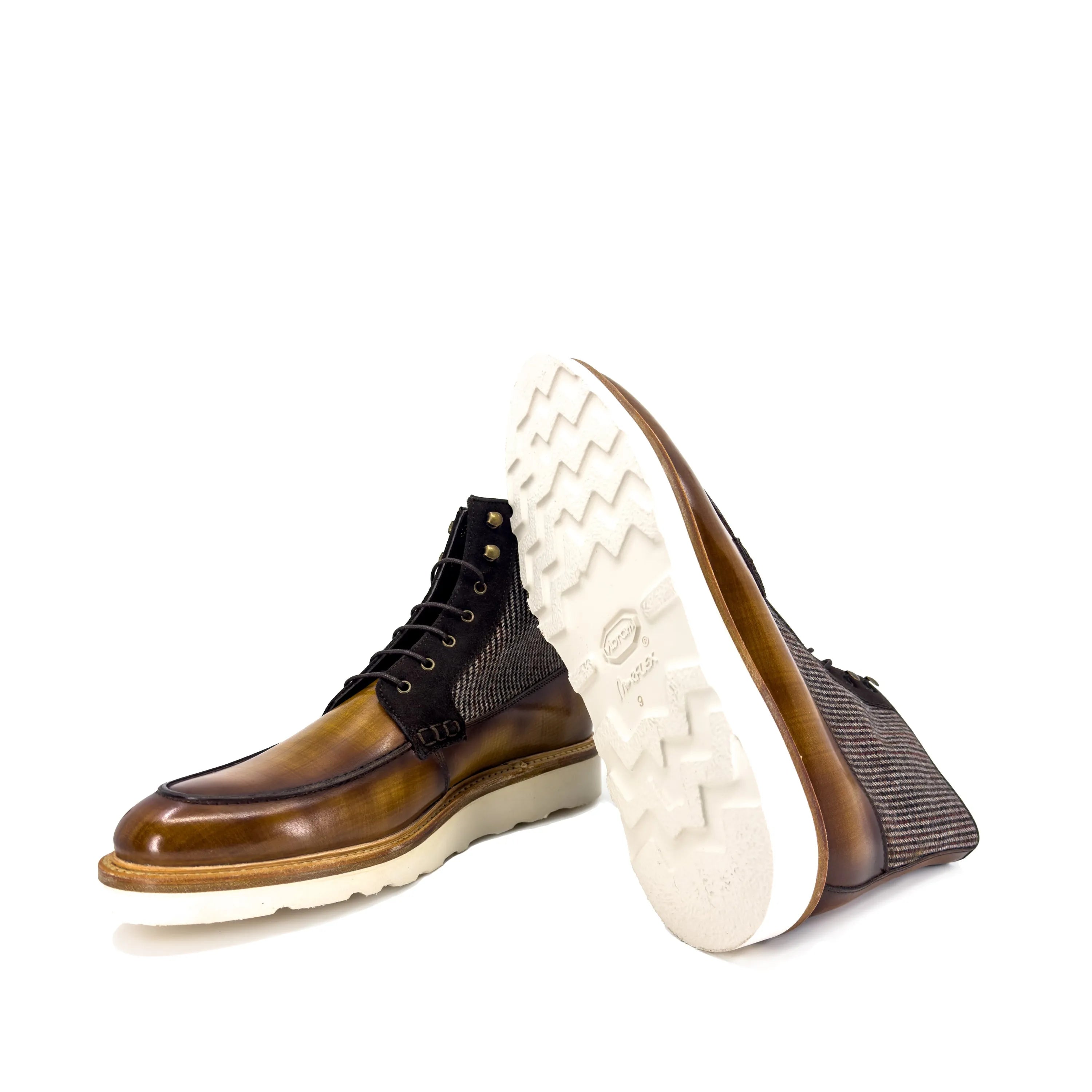 Brooklyn Patina Moc Boot II in brown calf leather and tweed