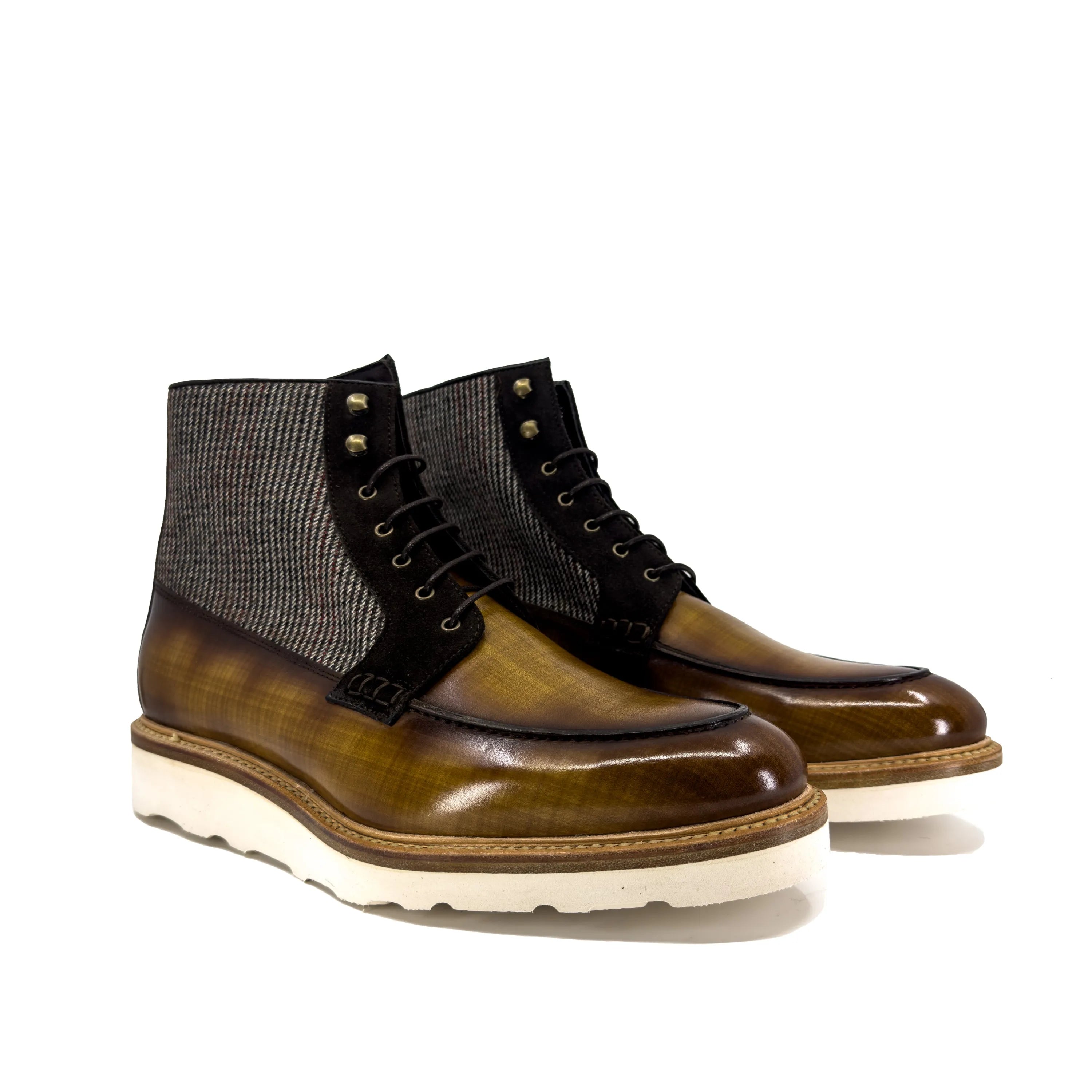 Brooklyn Patina Moc Boot II in brown calf leather and tweed lace-up