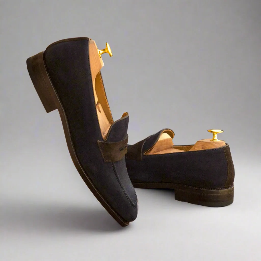 Dark brown lux suede Cagle Loafers II pair of penny loafers