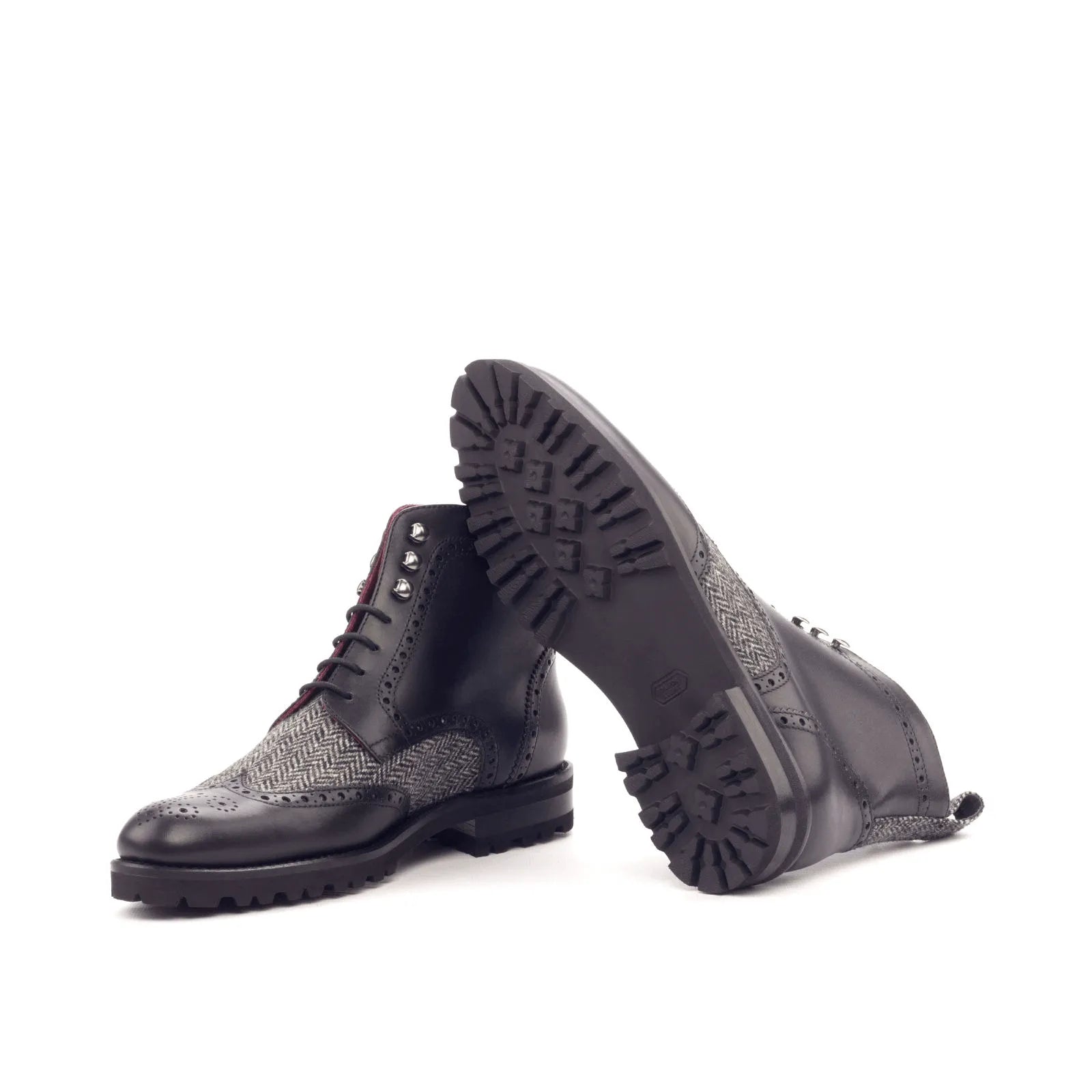 Camilla ladies military brogue boots in black leather and tweed