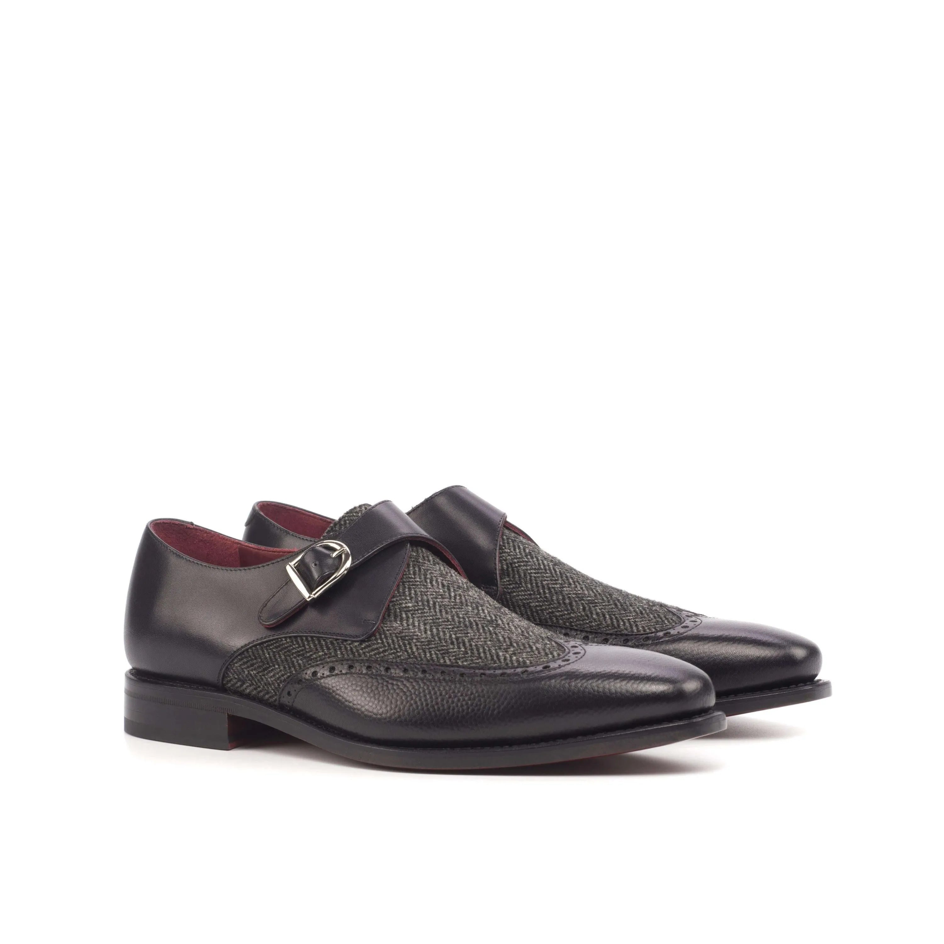 Caval Single Monk II black leather tweed single monk shoes