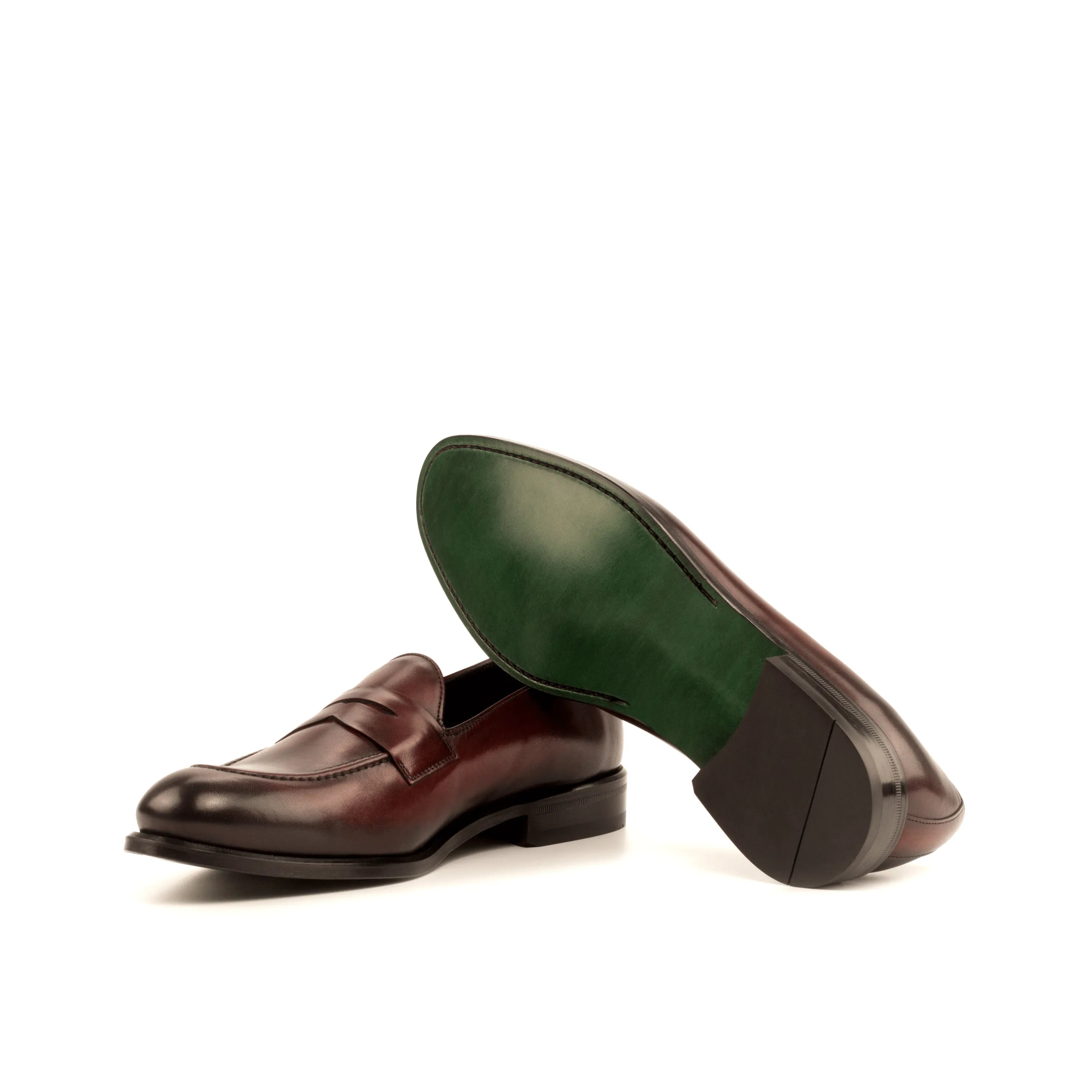 Cayuga loafers: burgundy leather penny loafers with hand-painted patina