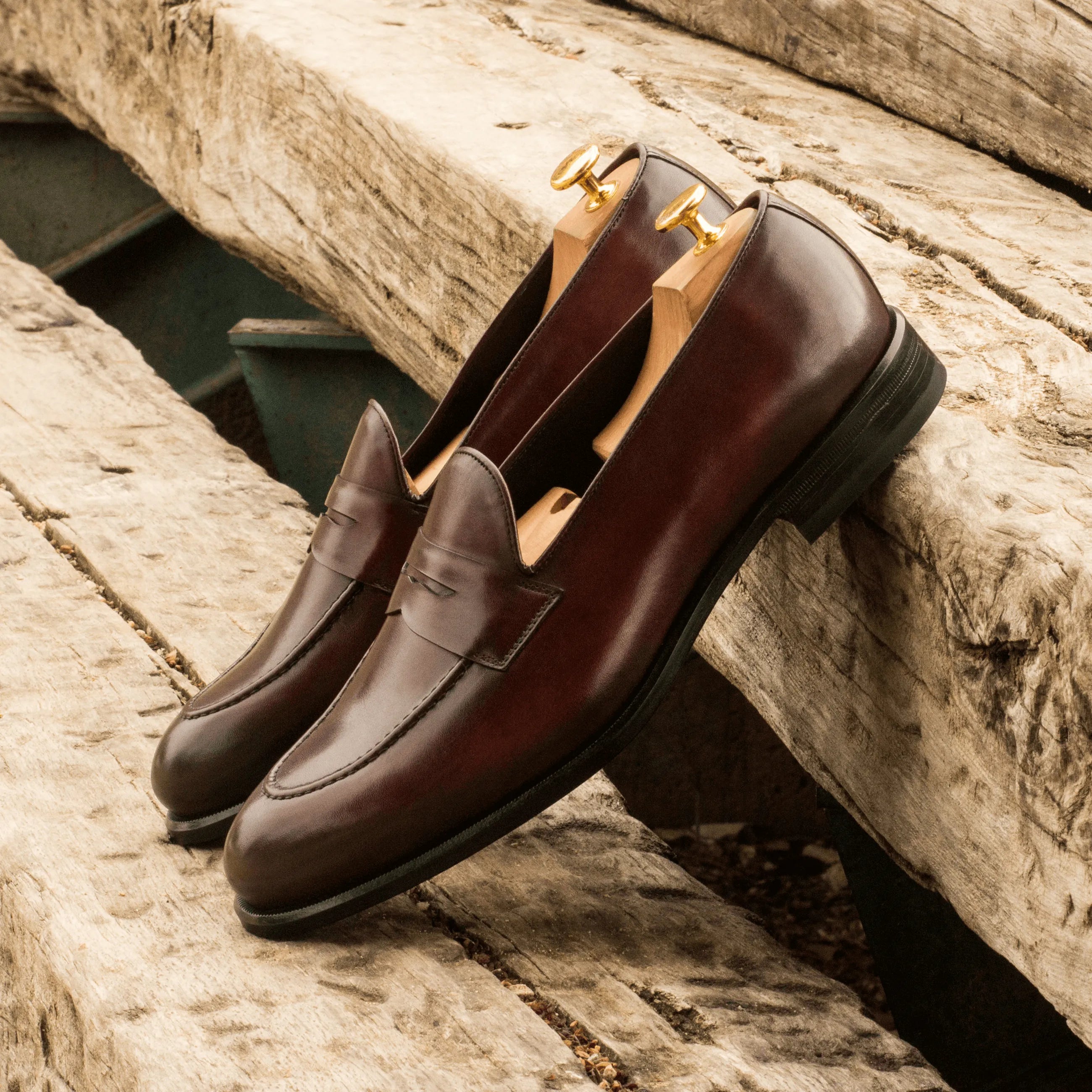 Pair of Cayuga loafers: brown leather penny luxury bespoke shoes for men