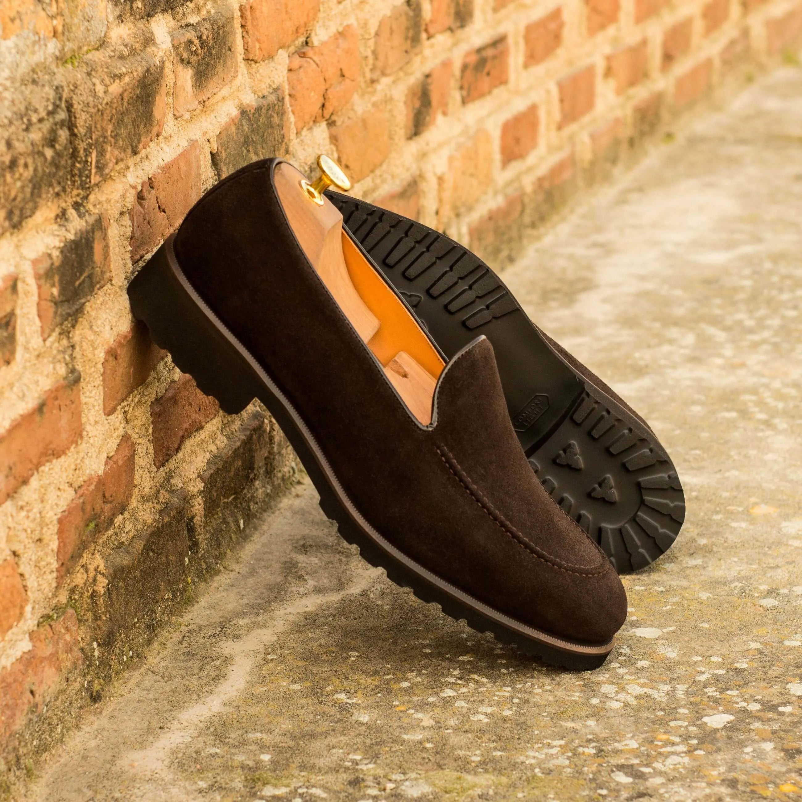 Dark brown Chahta loafers with suede lug sole, luxury bespoke shoes for men