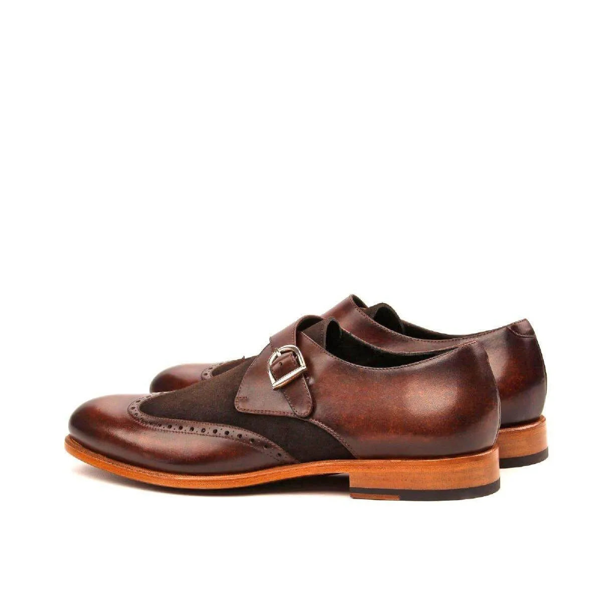 Chaz single monk patina shoes II in brown leather back view