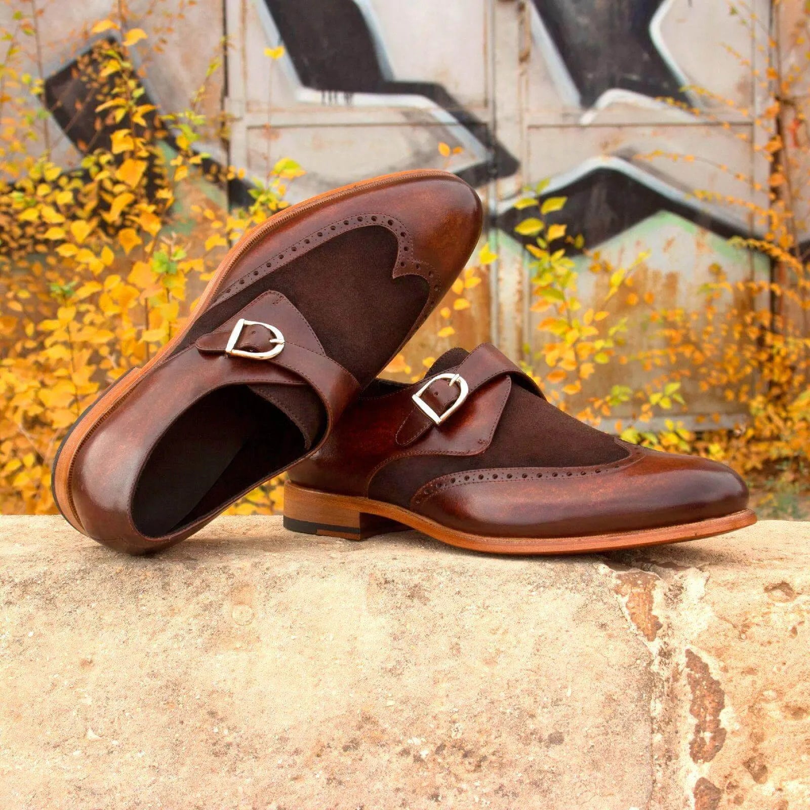 Chaz single monk patina shoes in brown leather and suede