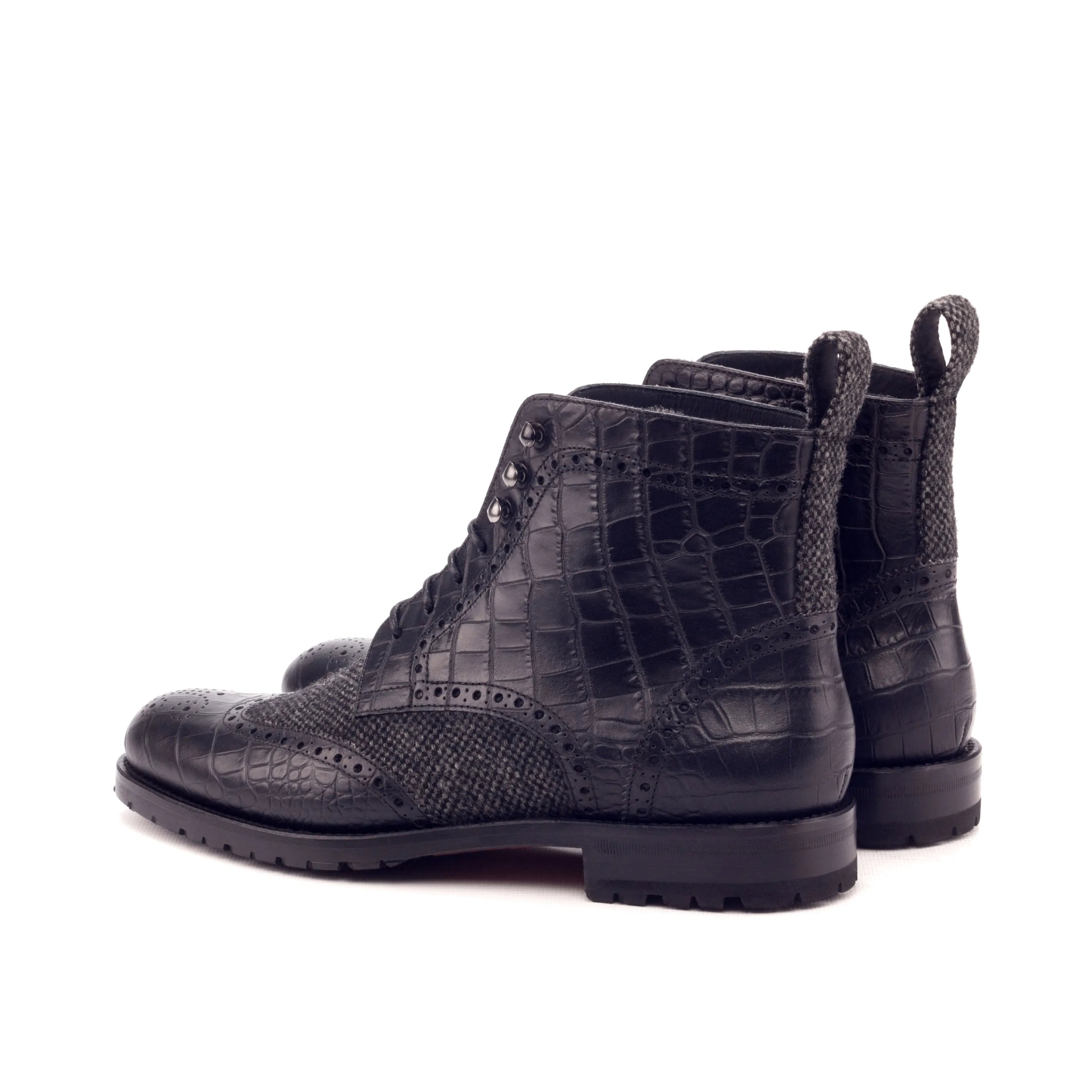 Claudia ladies military brogue boots in black leather and fabric