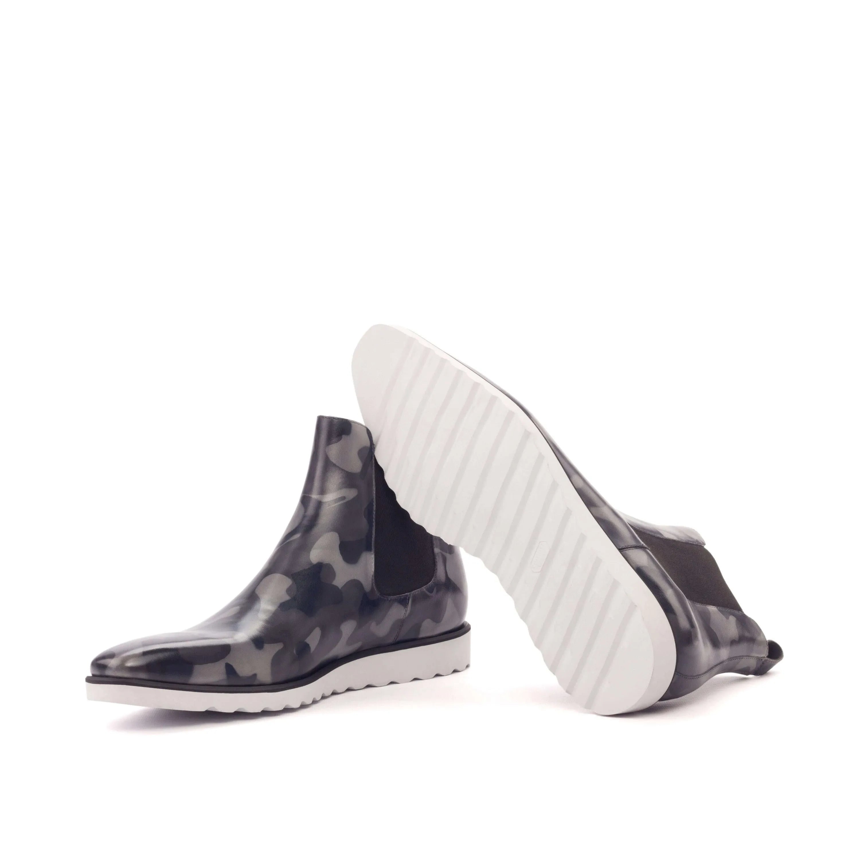 Camouflage Commando II Chelsea boots with white soles, luxury bespoke shoes for men