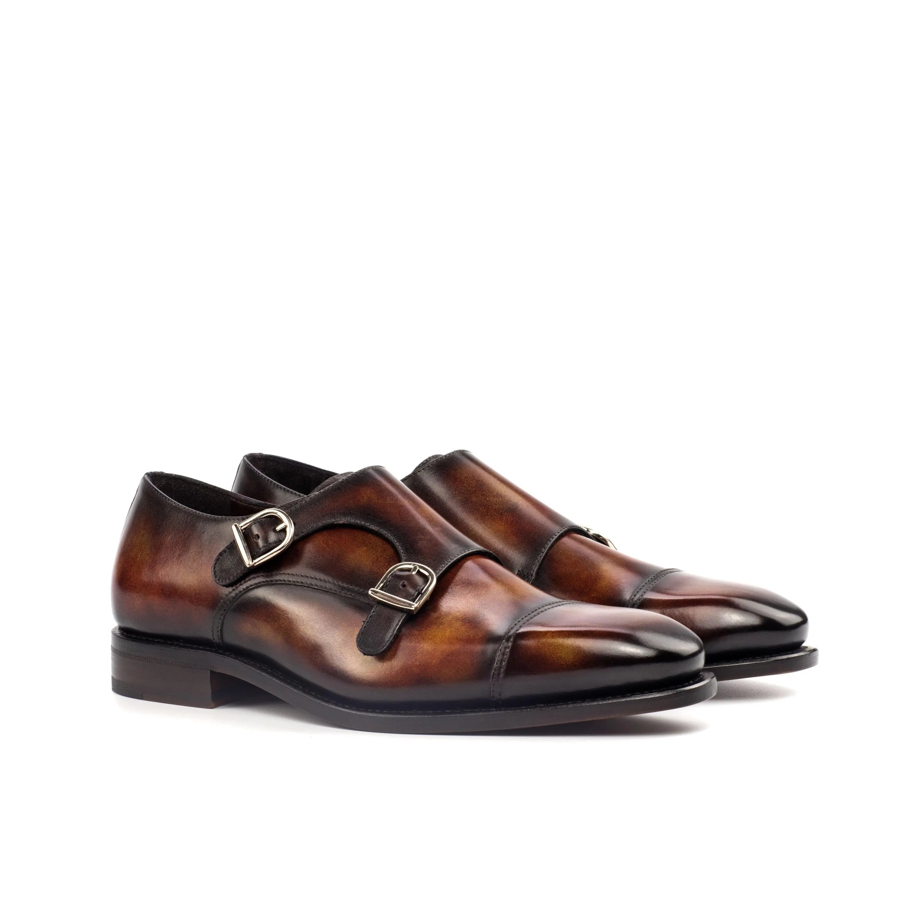 Brown leather Deen Double Monk Patina Shoes II with chisel toe