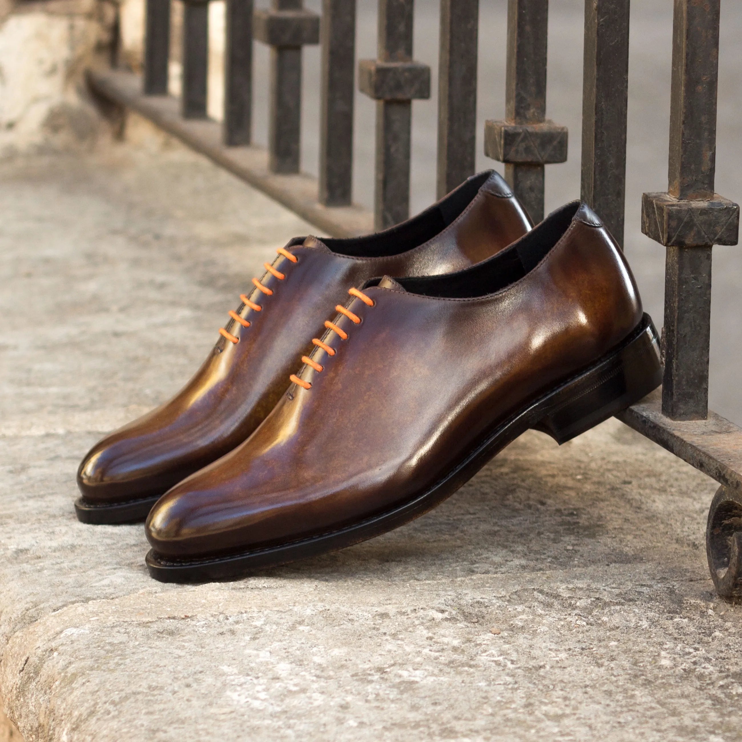 Dillinger whole cut patina brown leather dress shoes with orange laces