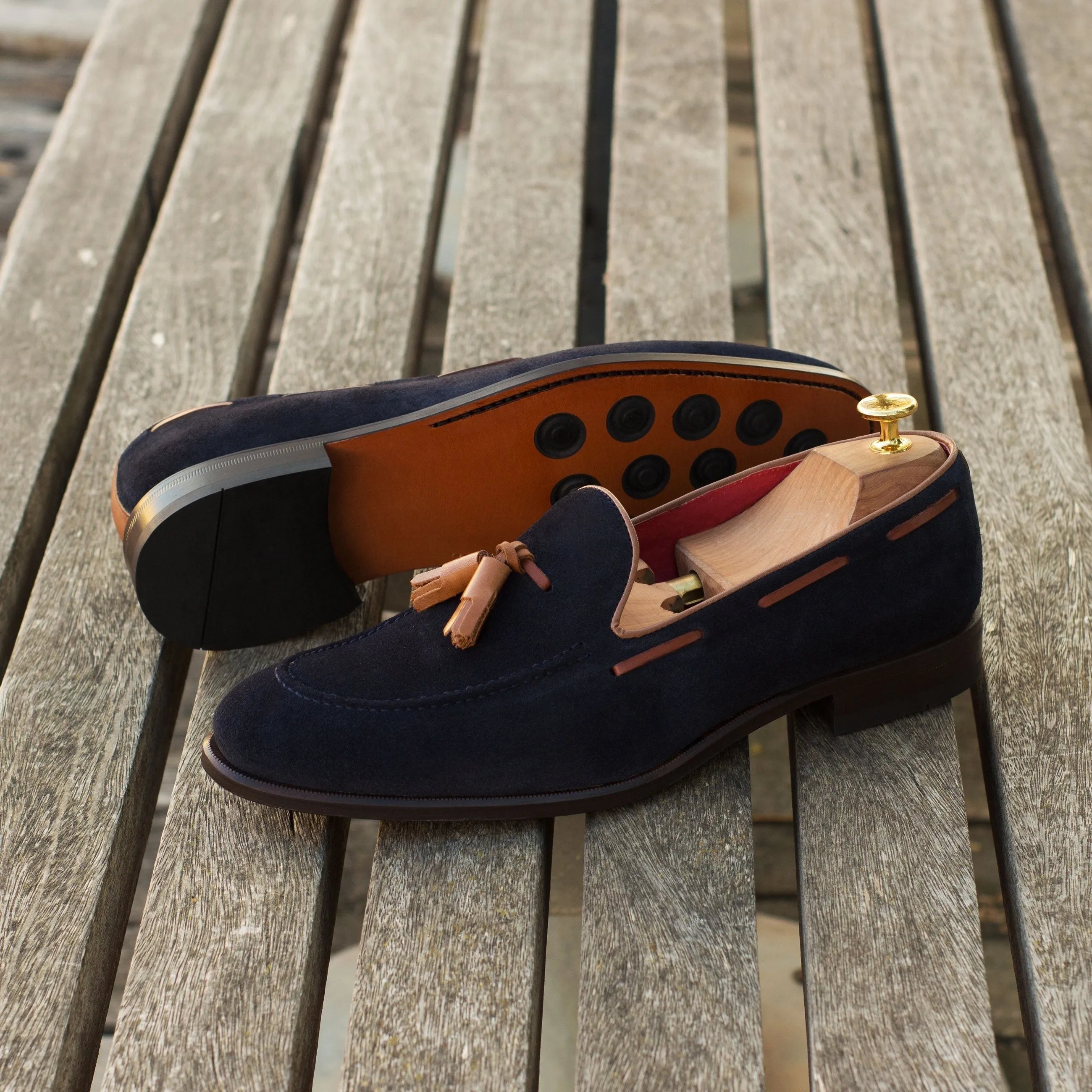 Dimilio loafers: navy suede tassel luxury bespoke shoes for men