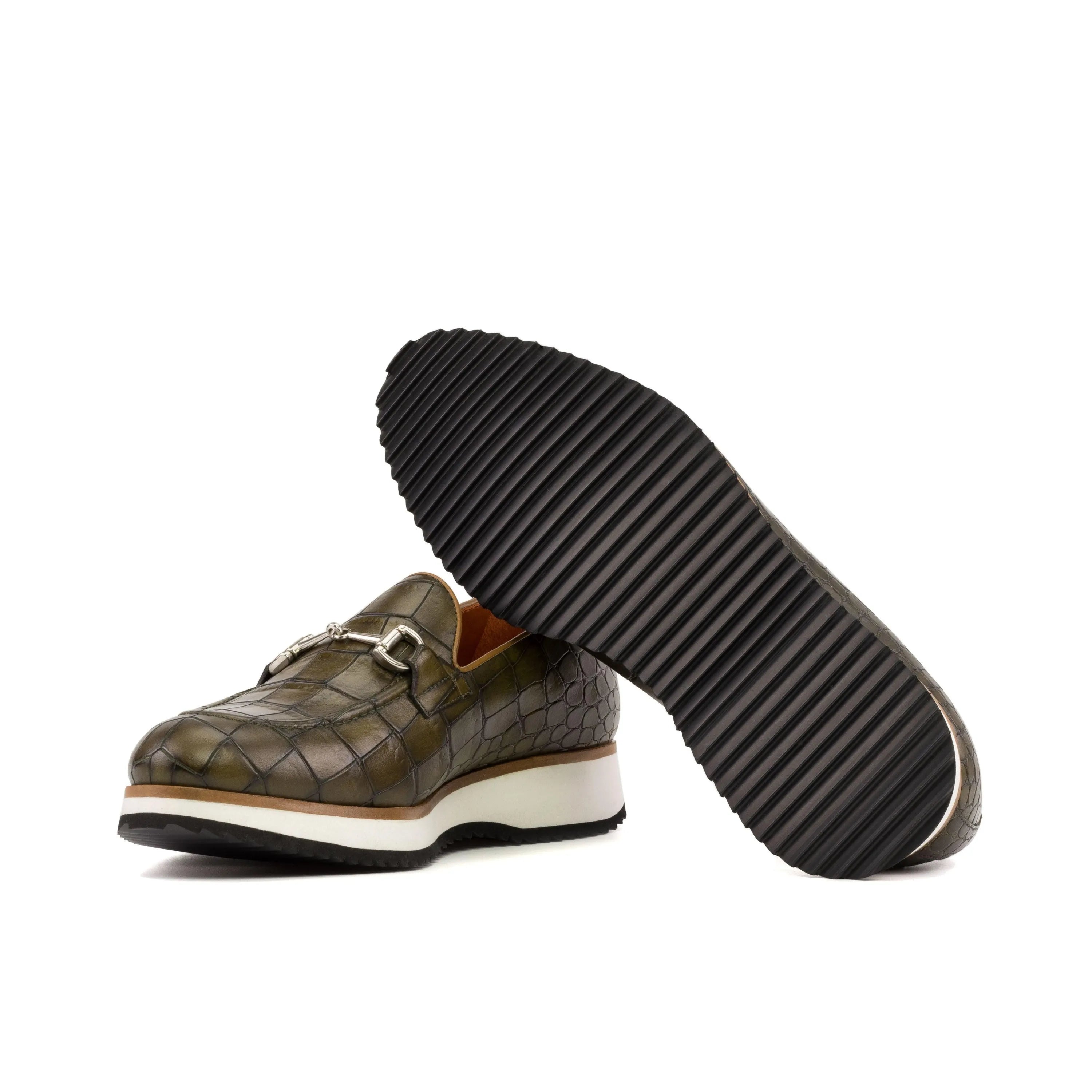 Dimitry loafers in olive green crocodile pattern with black ridged sole