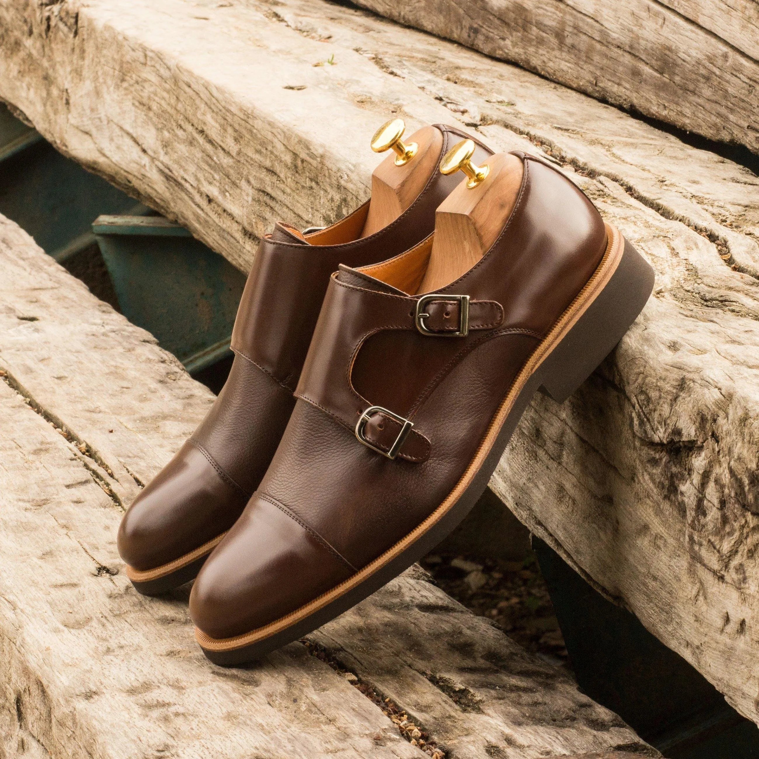 DMC Double Monk II brown leather double monk shoes with rounded toe