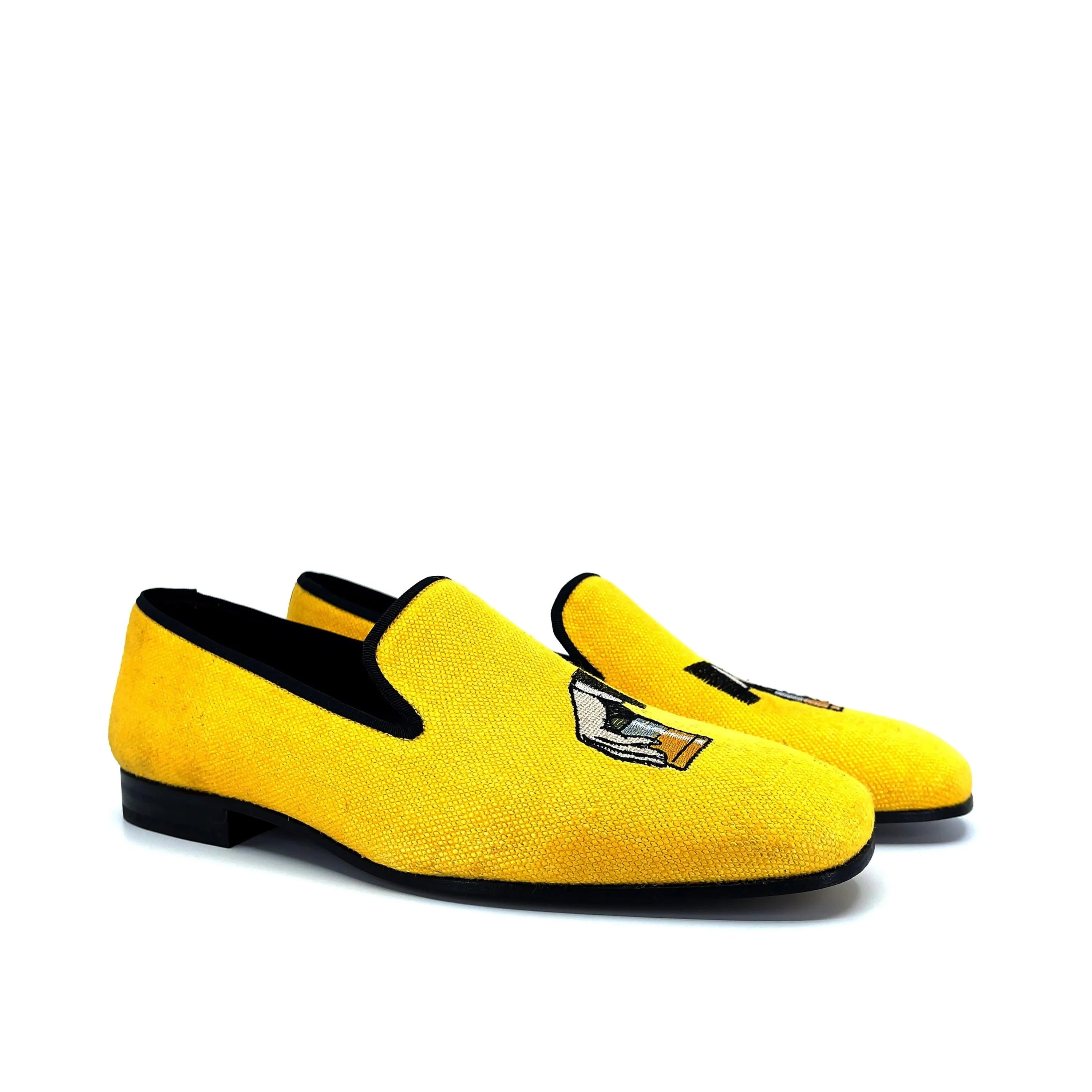 Don Drake slipon yellow beaded loafers with black trim
