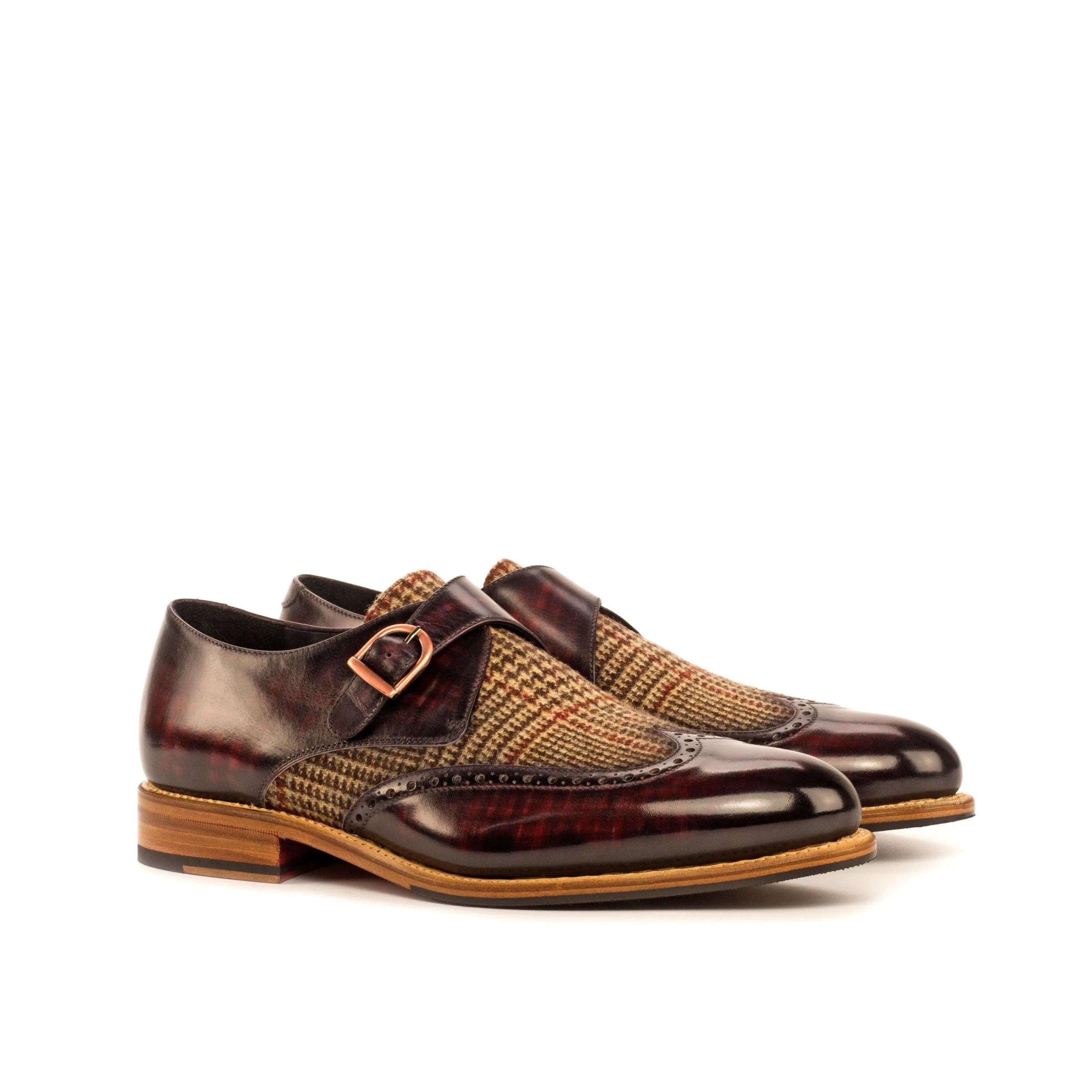 Donny single monk patina II burgundy leather tweed rounded toe shoes
