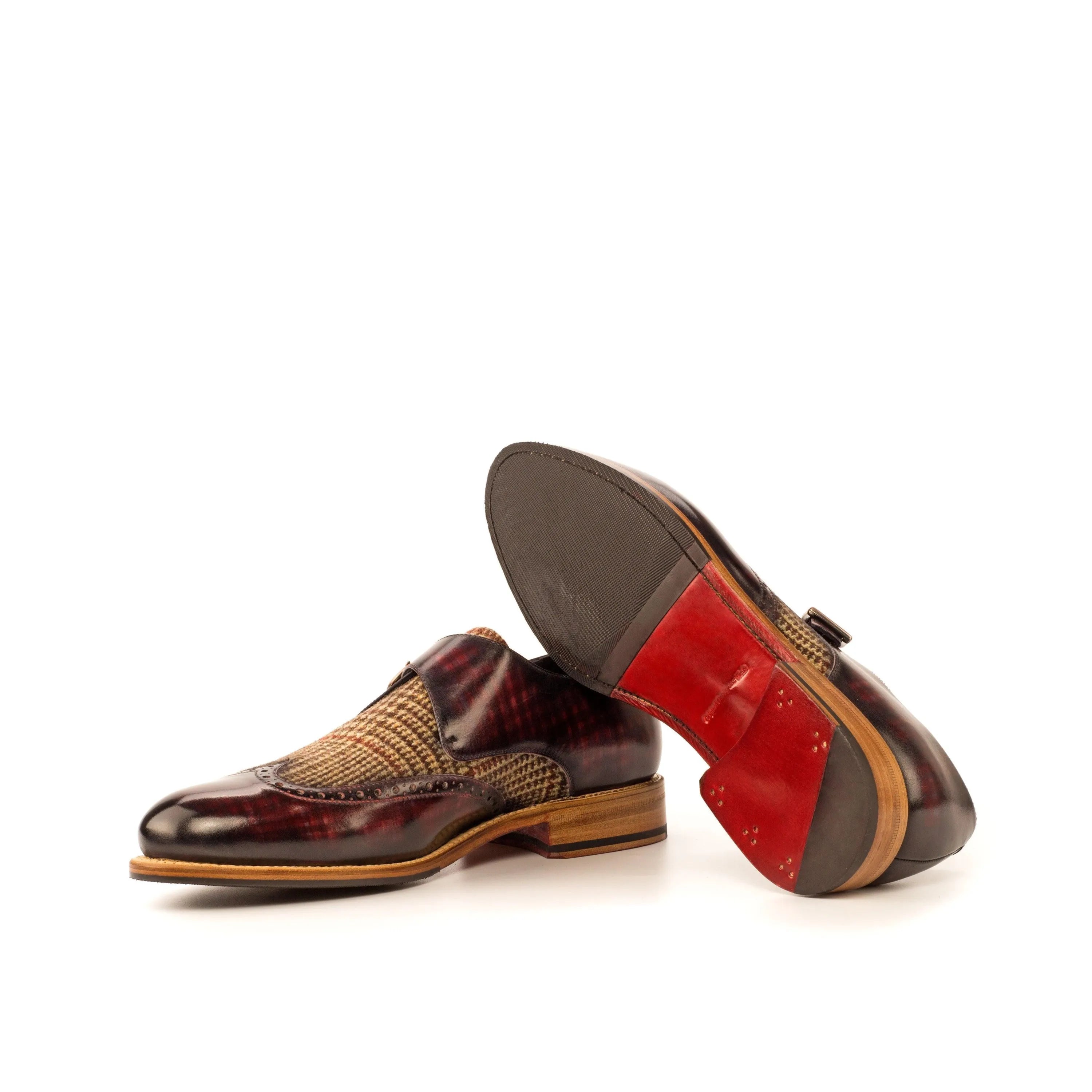 Donny single monk patina II brown leather tweed rounded toe shoes