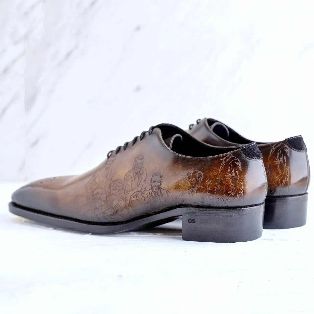 El President Patina whole cut shoes in brown Italian crust leather with etched designs