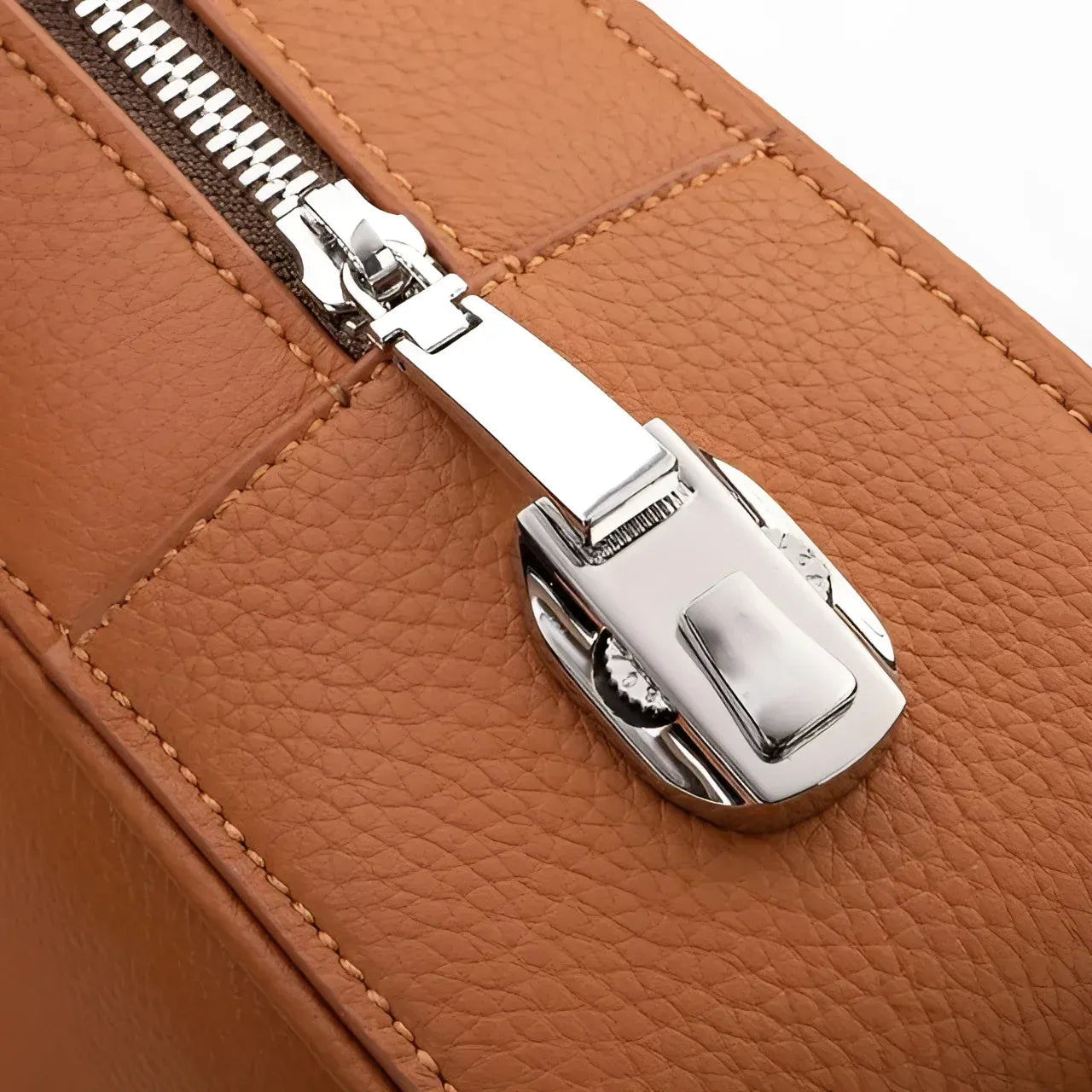 Elandro satchel briefcase with brown leather and silver zipper