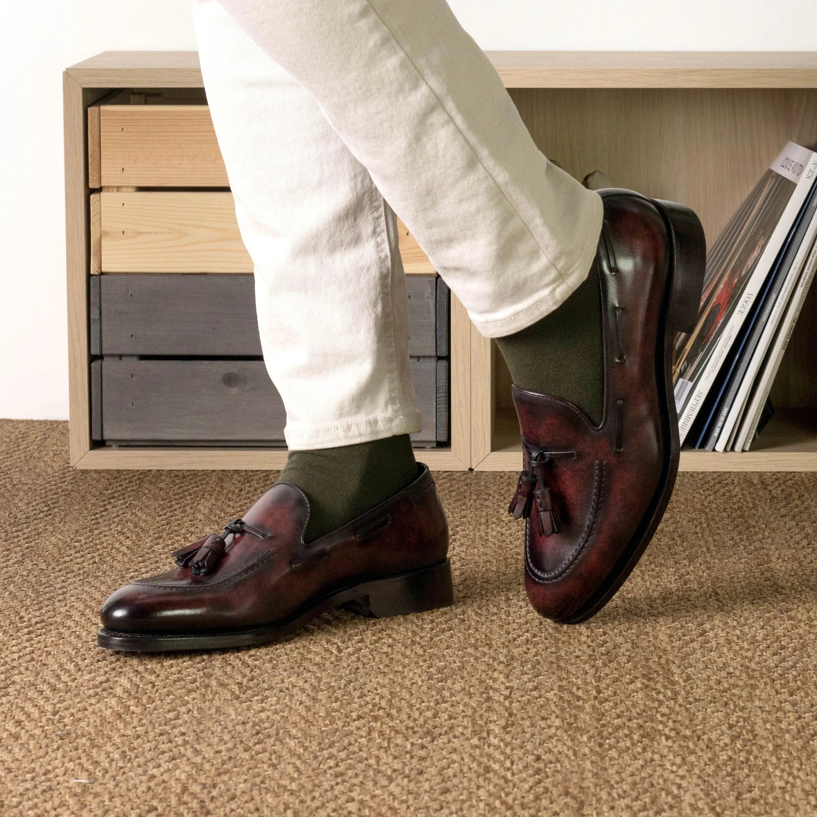 Burgundy leather tassel Enigma Patina Loafers back view