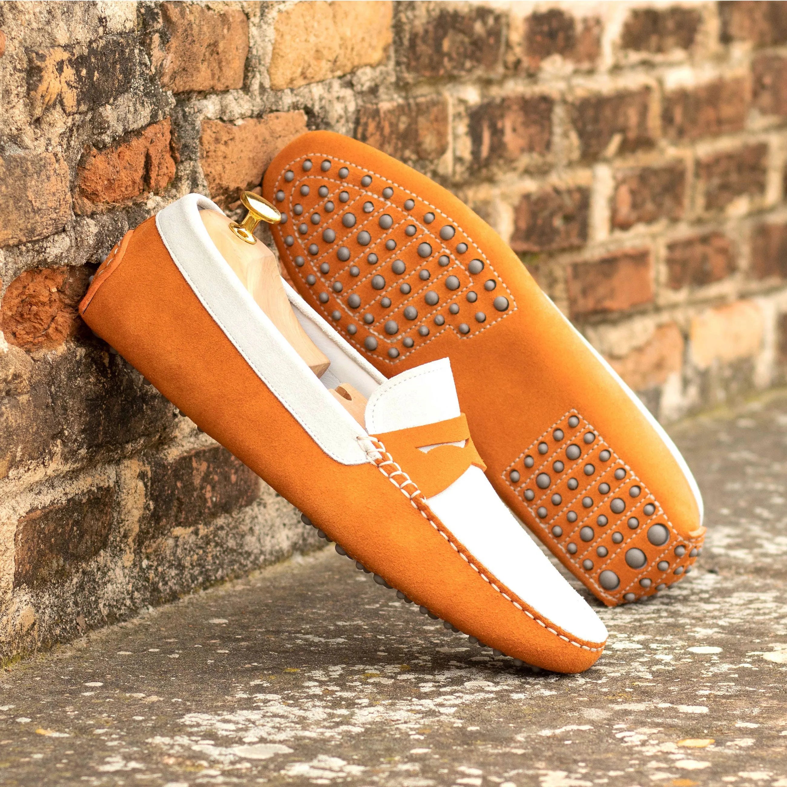 Fadalzo Driver orange and white leather loafers, luxury bespoke shoes for men