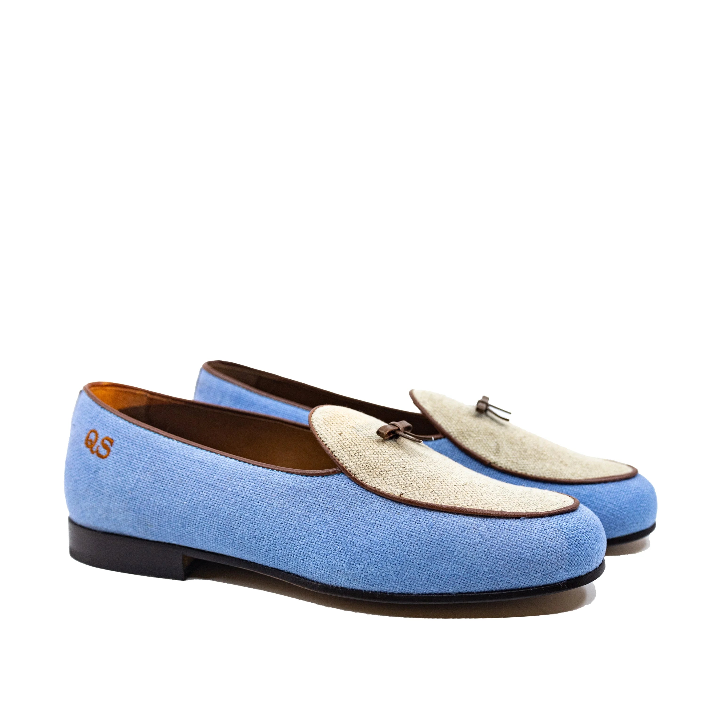 Fernandez Belgian Slipper: light blue suede tassel loafers with leather sole