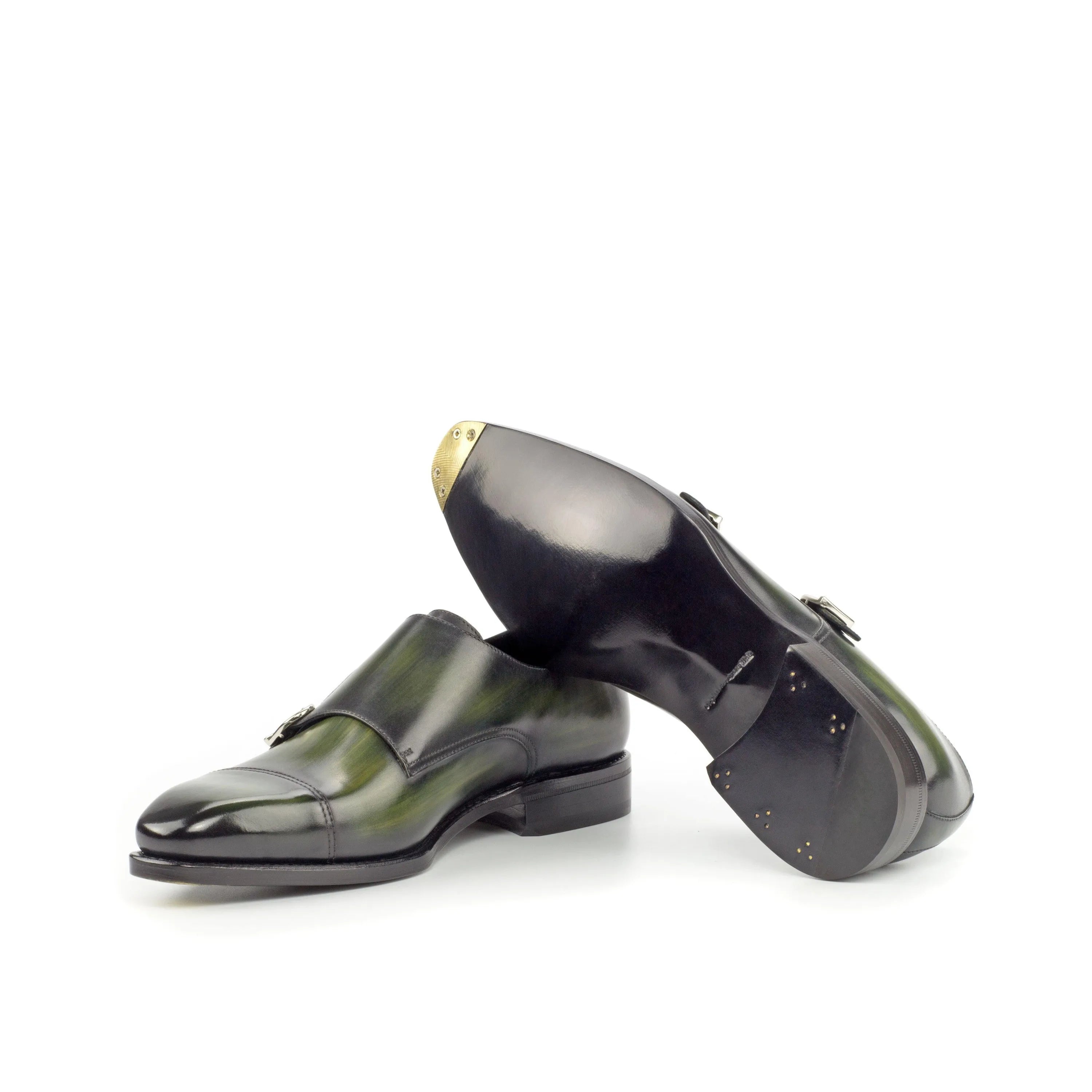 Fernando double monk patina green leather shoes back view