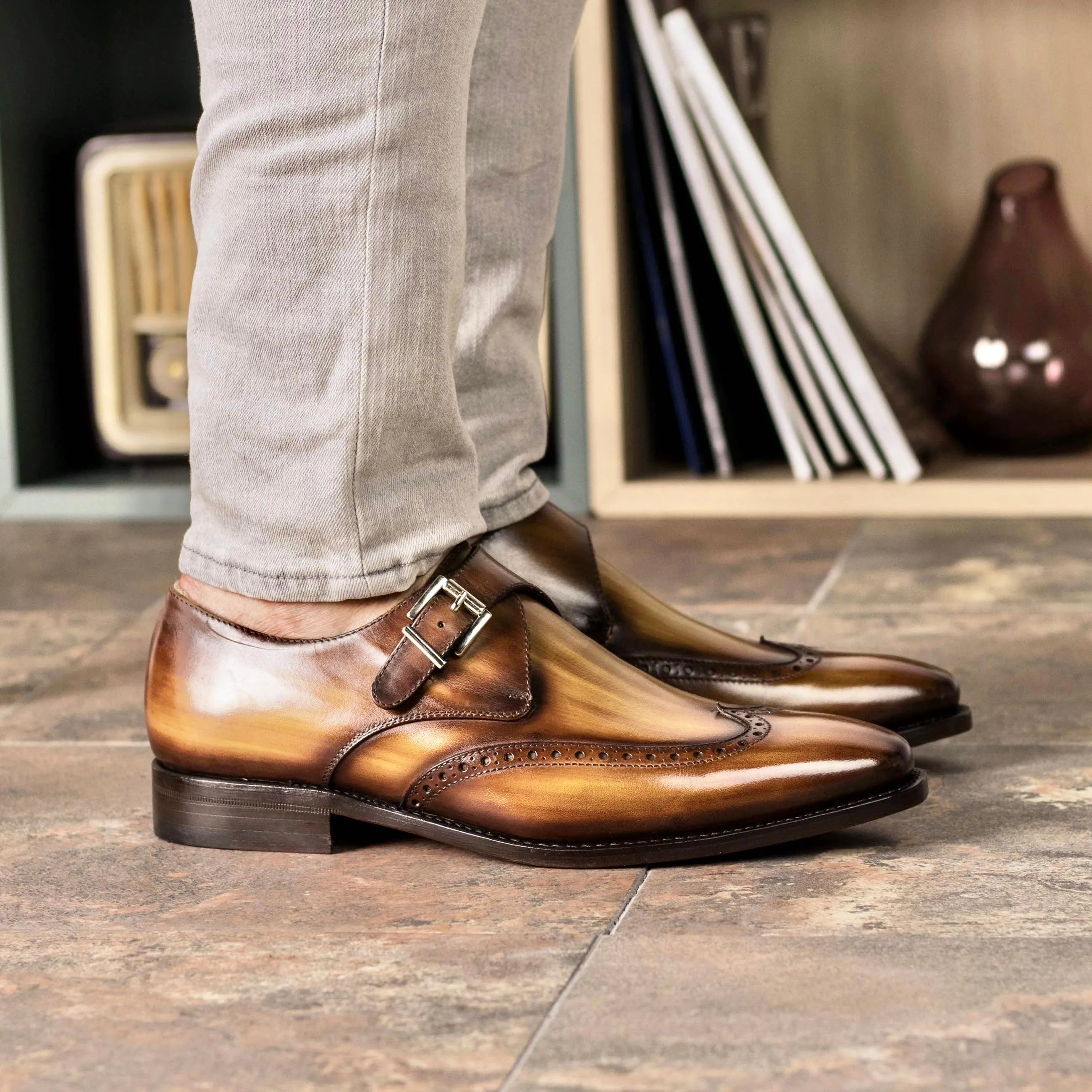 Fisher Patina Single Monk brown leather shoes