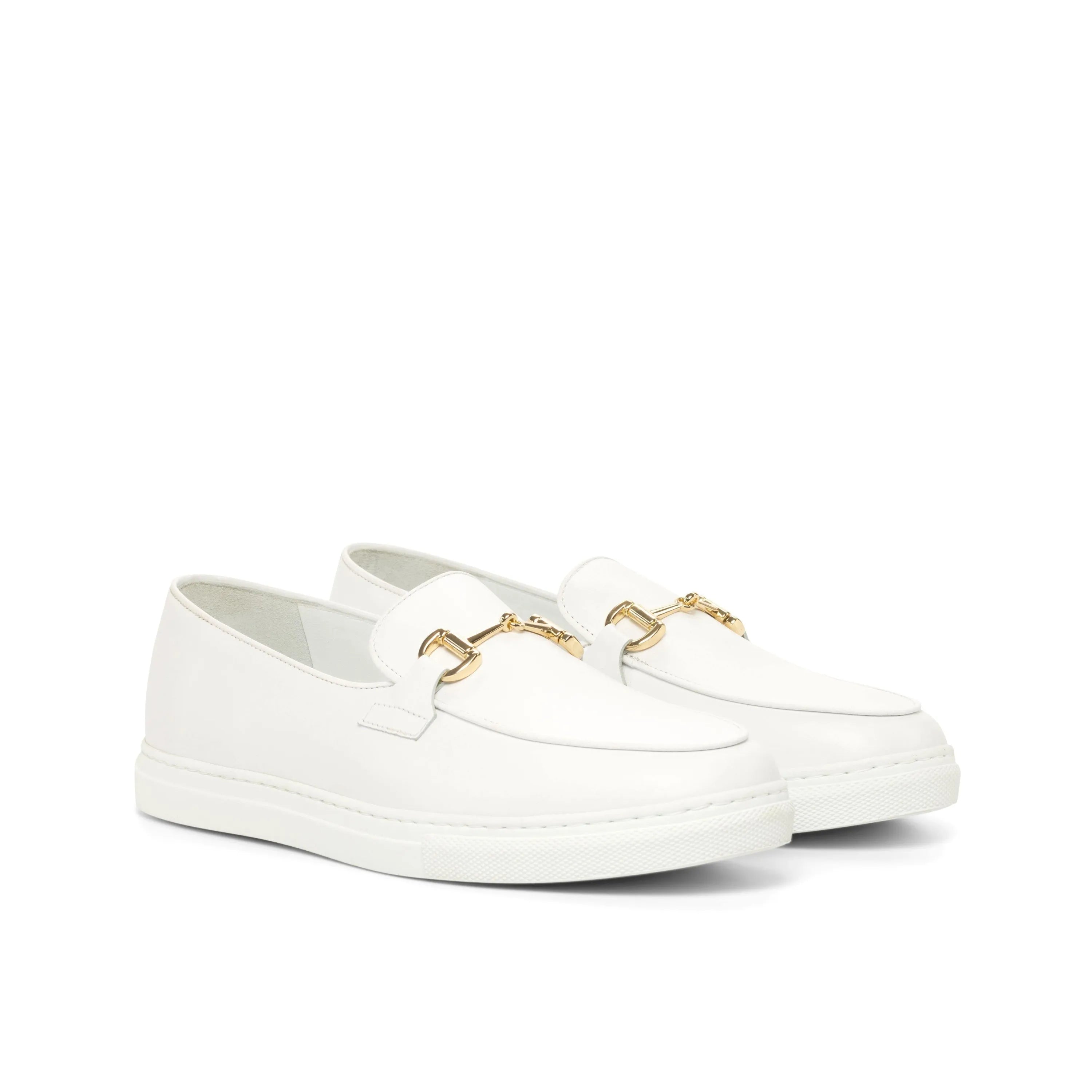 Pair of Frais Belgian sneaker white leather loafers with gold hardware