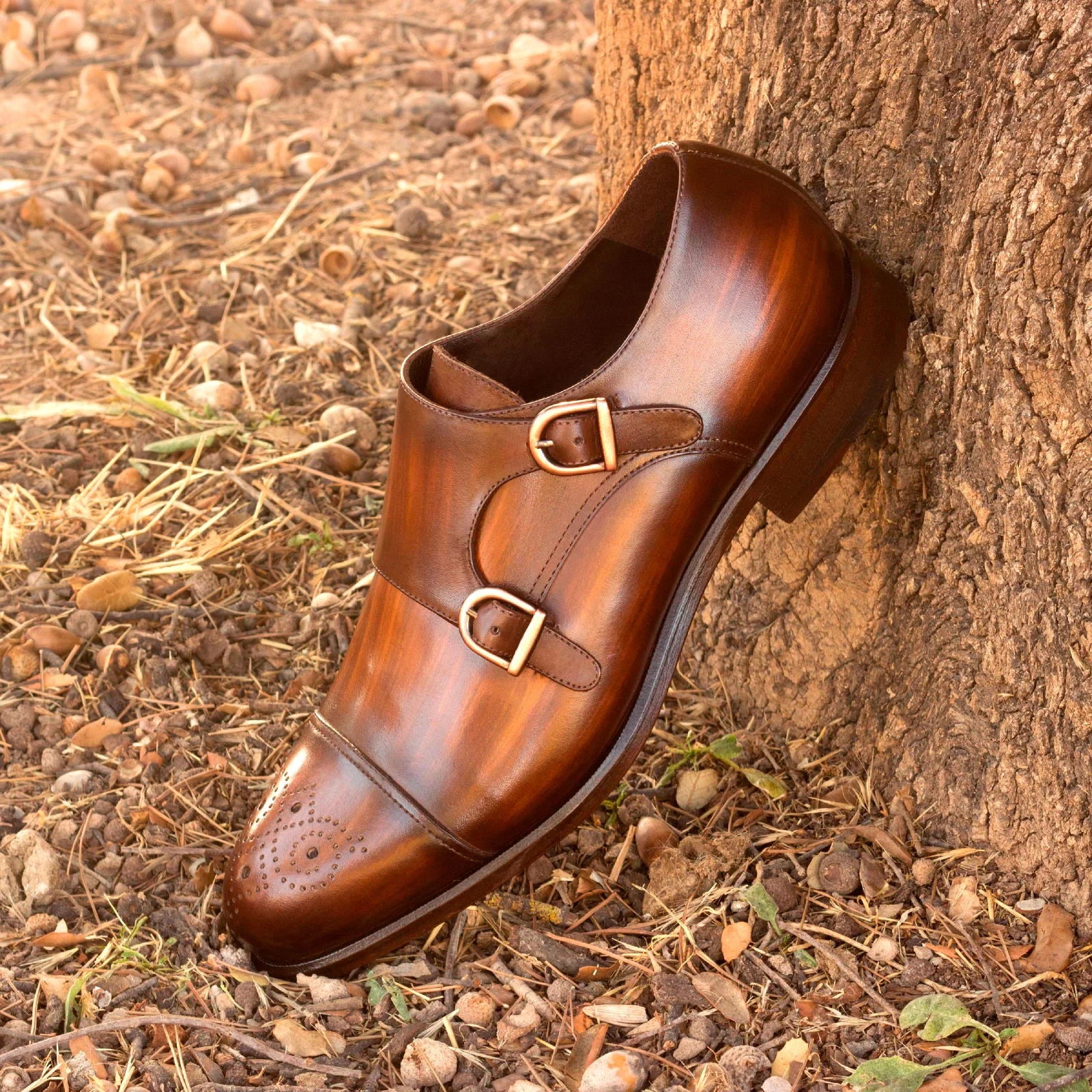 Frango Patina Double Monk II brown leather shoe with gold buckle