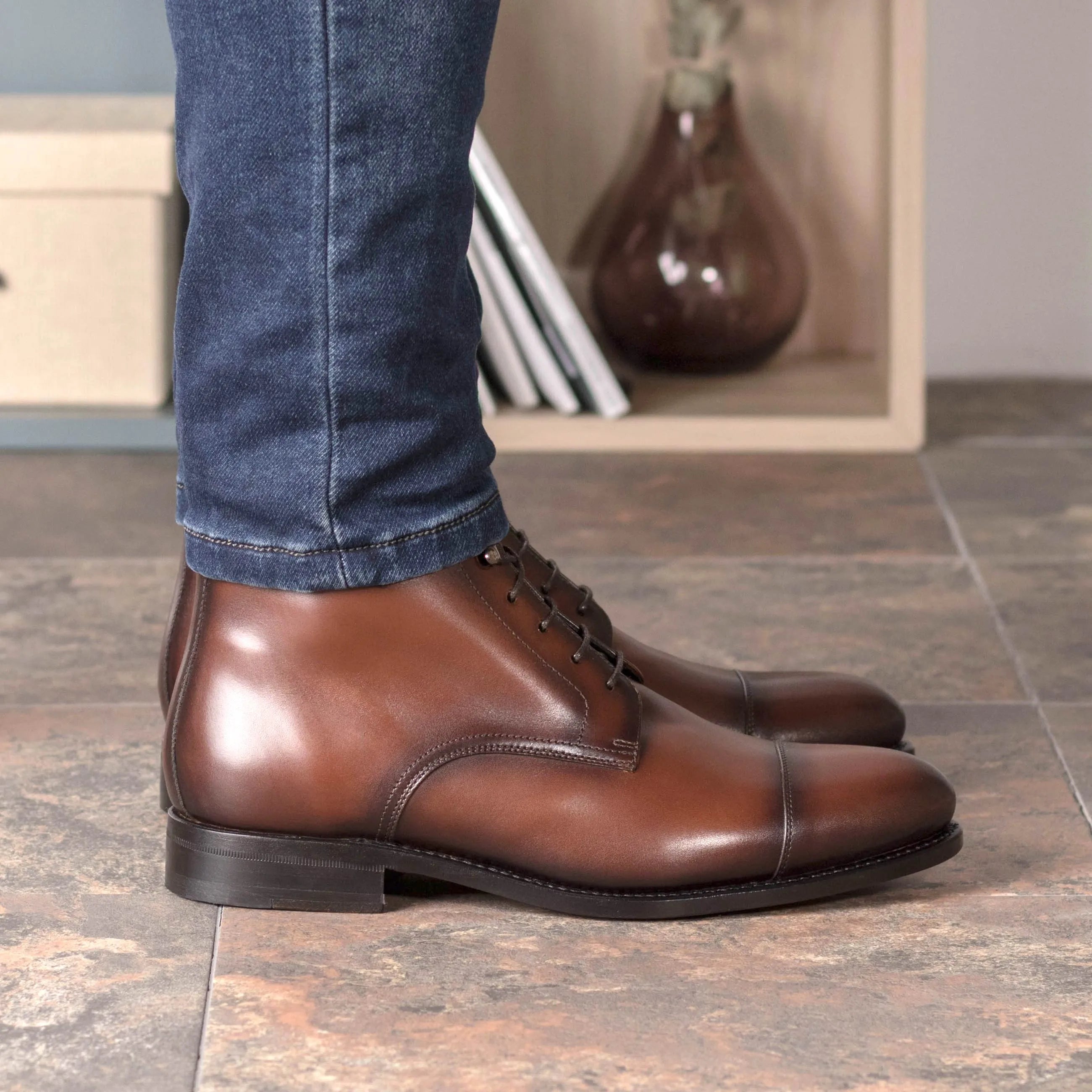 Back view of brown leather Garza Jumper Boots, ships fast lane in 2-3 business days